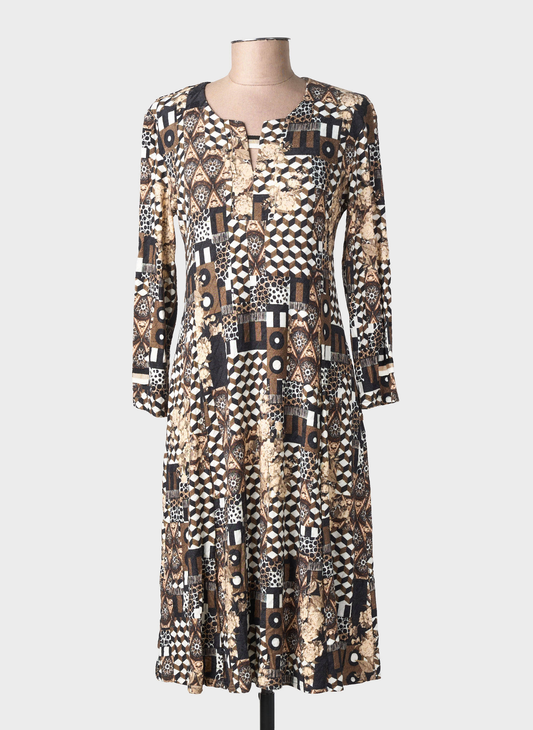 Robe mi-longue imprimé fantaisie manches longues noir GEVANA femme