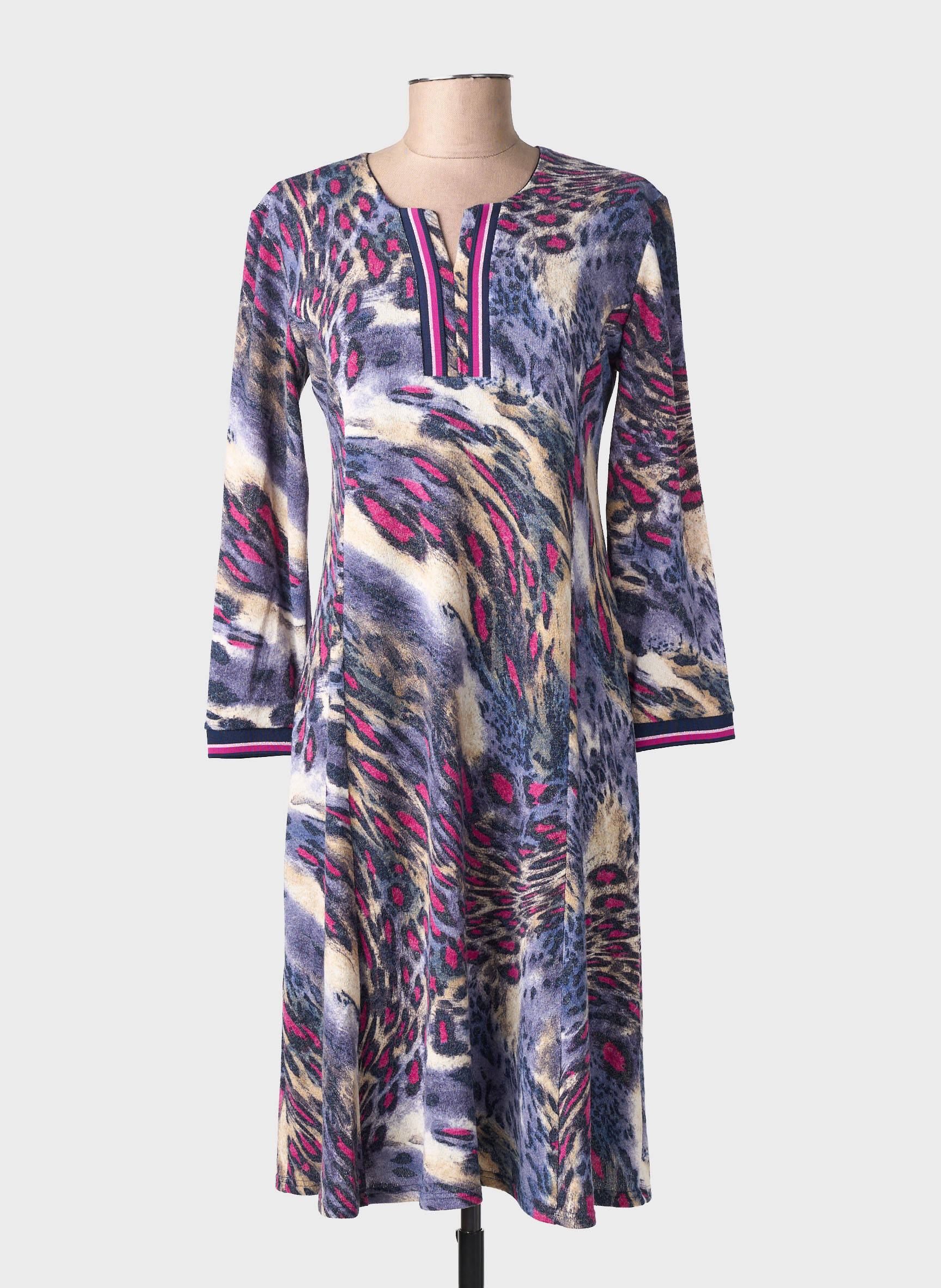 Robe mi-longue imprimé fantaisie manches longues bleu GEVANA femme
