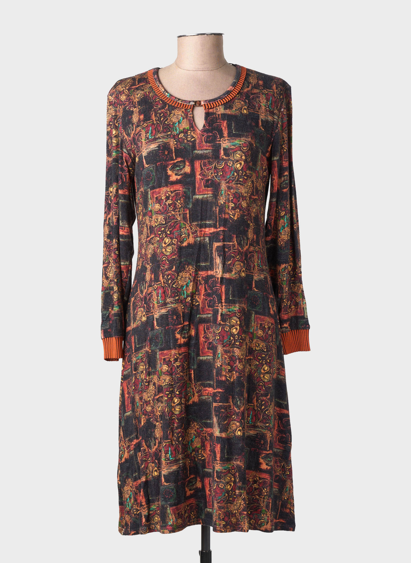Robe mi-longue imprimé fantaisie manches longues orange GEVANA femme