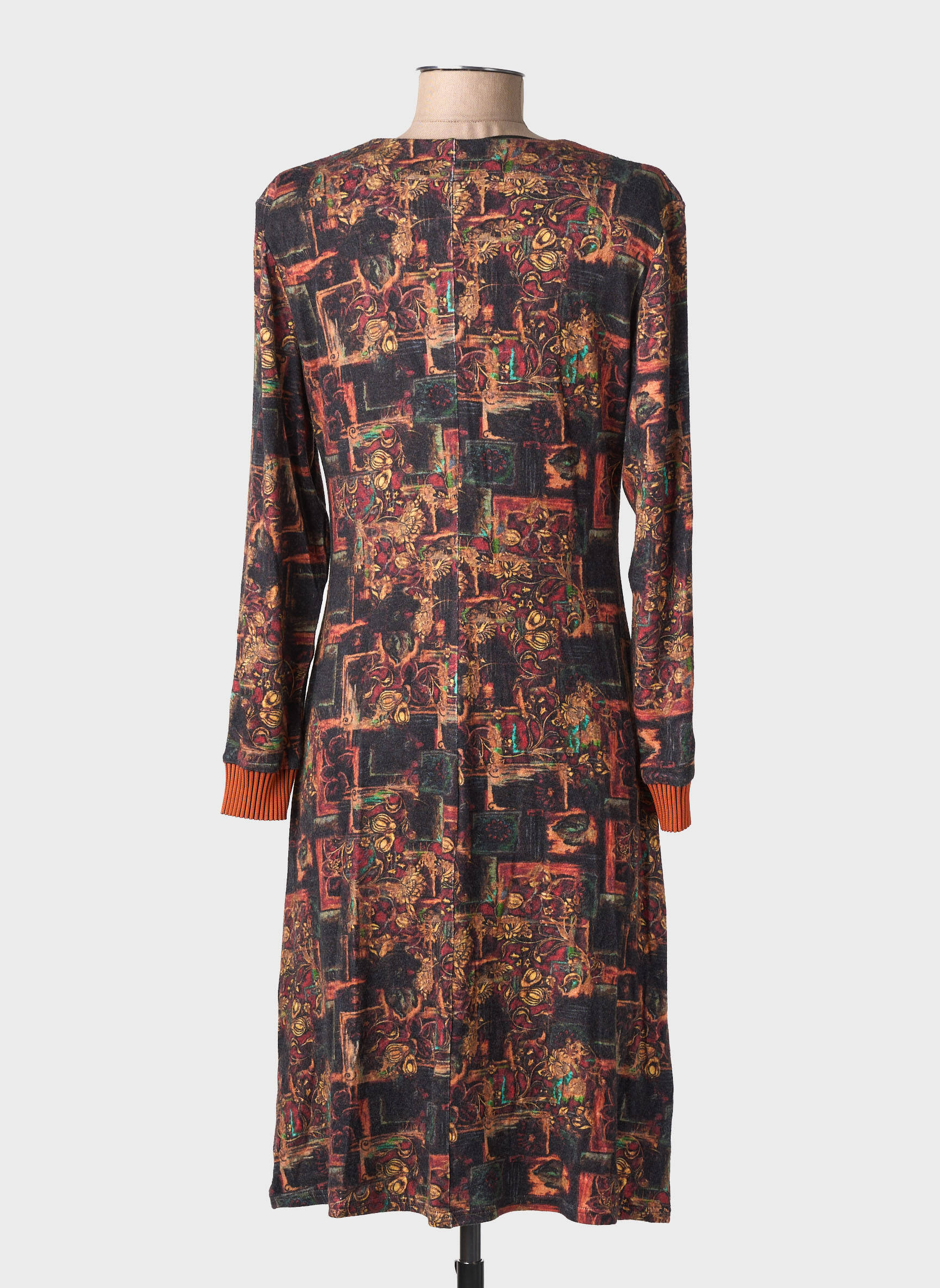 Robe mi-longue imprimé fantaisie manches longues orange GEVANA femme