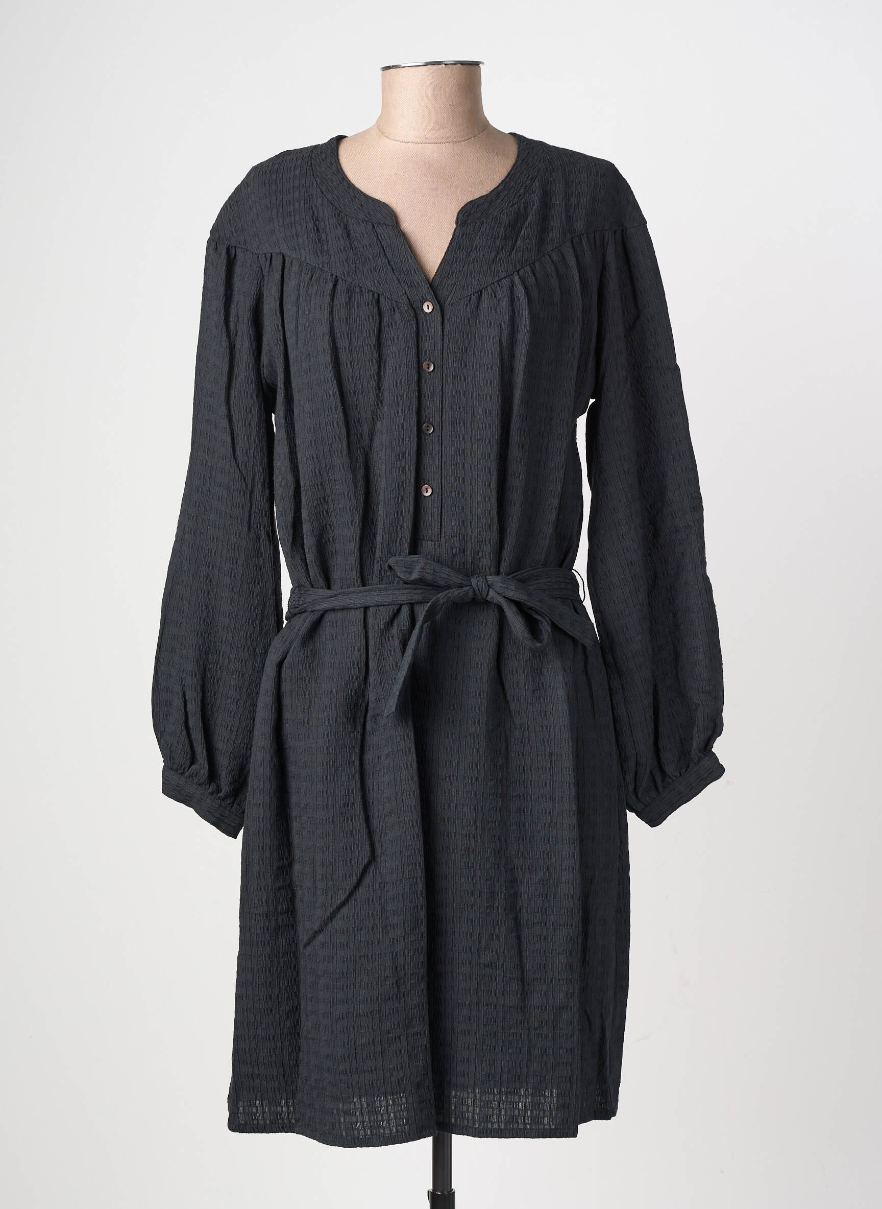Robe mi-longue tissage crêpe manches longues noir GEVANA femme