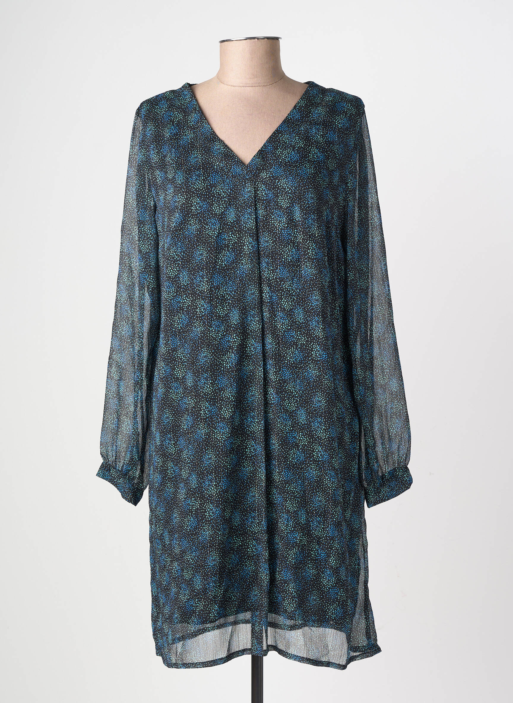 Robe mi-longue imprimé fantaisie manches longues noir GEVANA femme