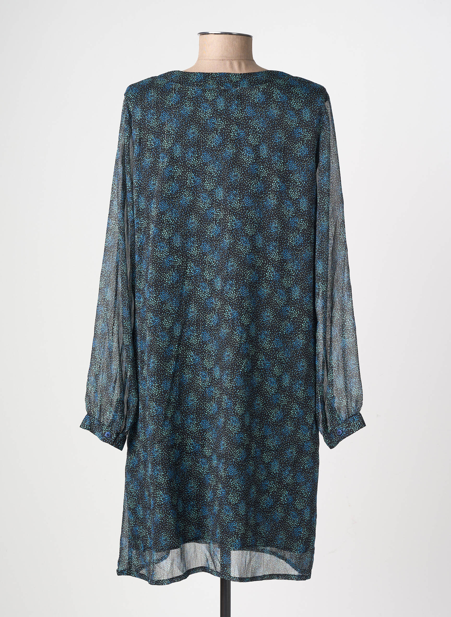 Robe mi-longue imprimé fantaisie manches longues noir GEVANA femme