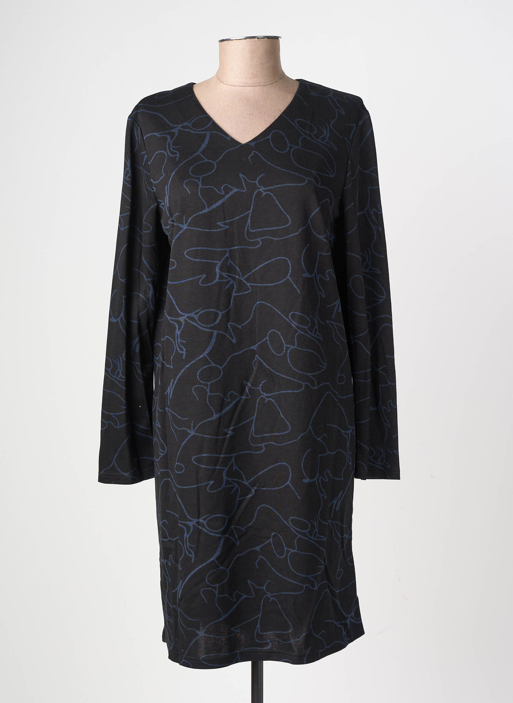 Robe mi-longue imprimé fantaisie manches longues noir GEVANA femme