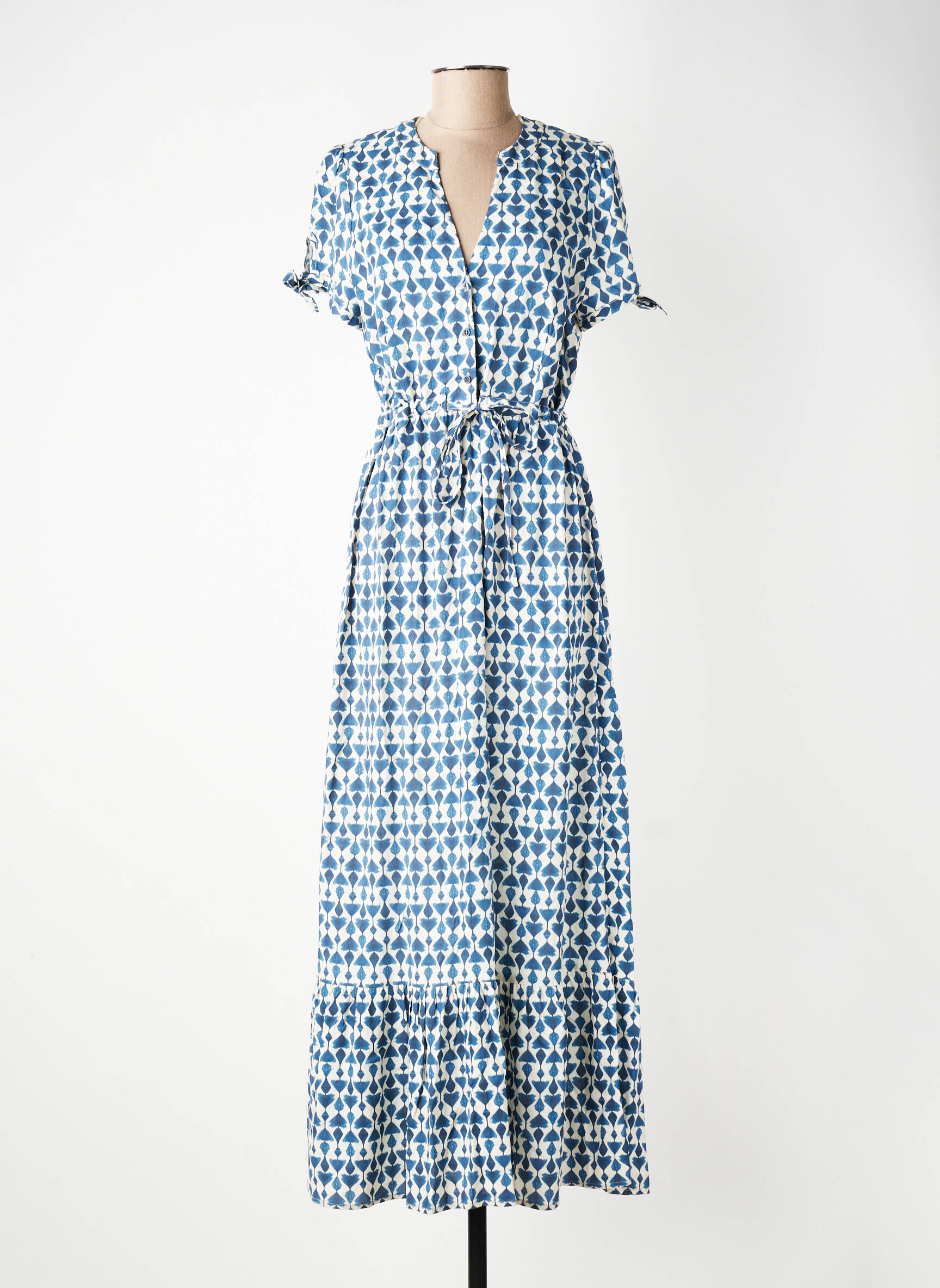 Robe longue tissage popeline manches courtes bleu GEVANA femme