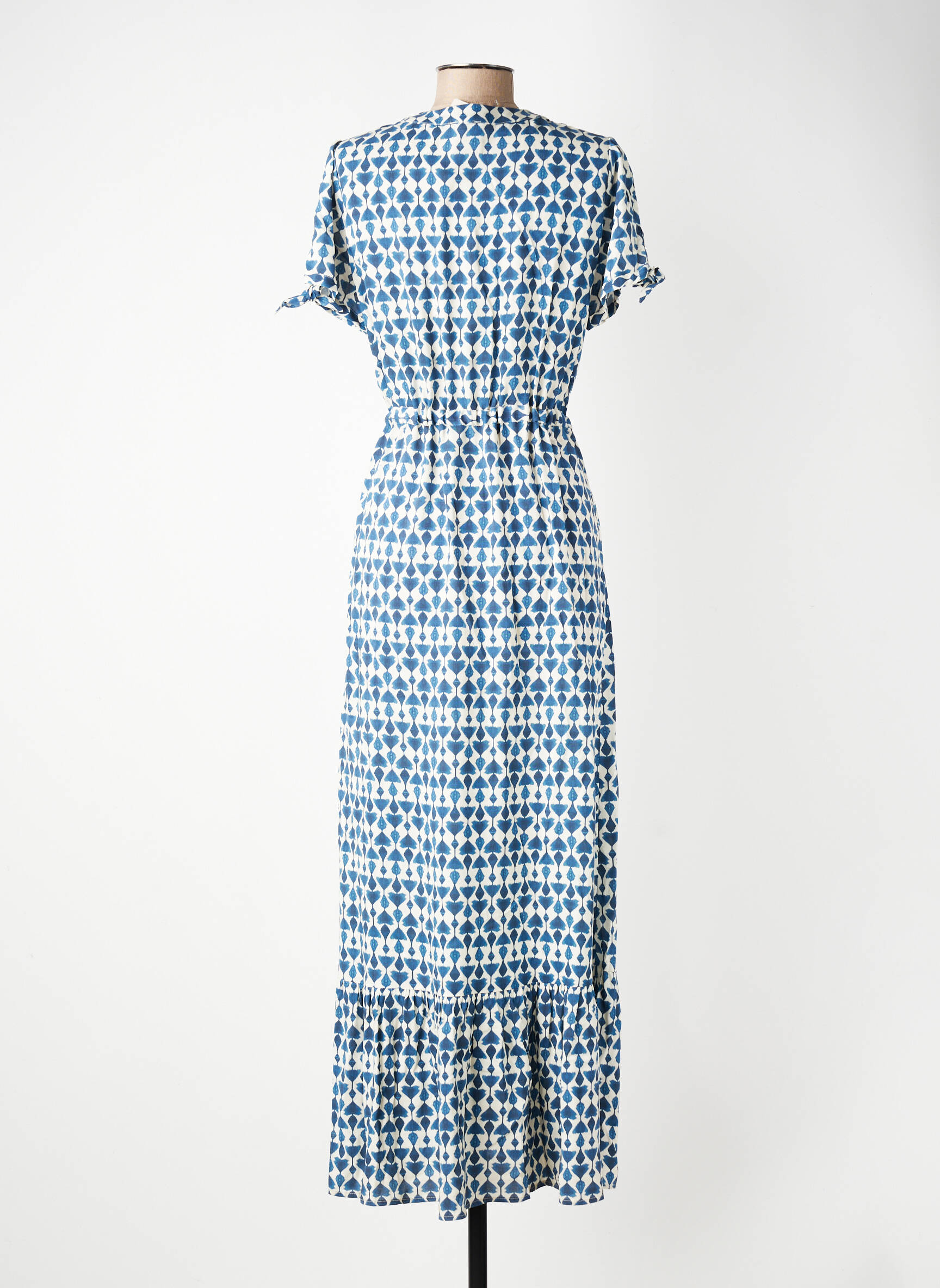 Robe longue tissage popeline manches courtes bleu GEVANA femme