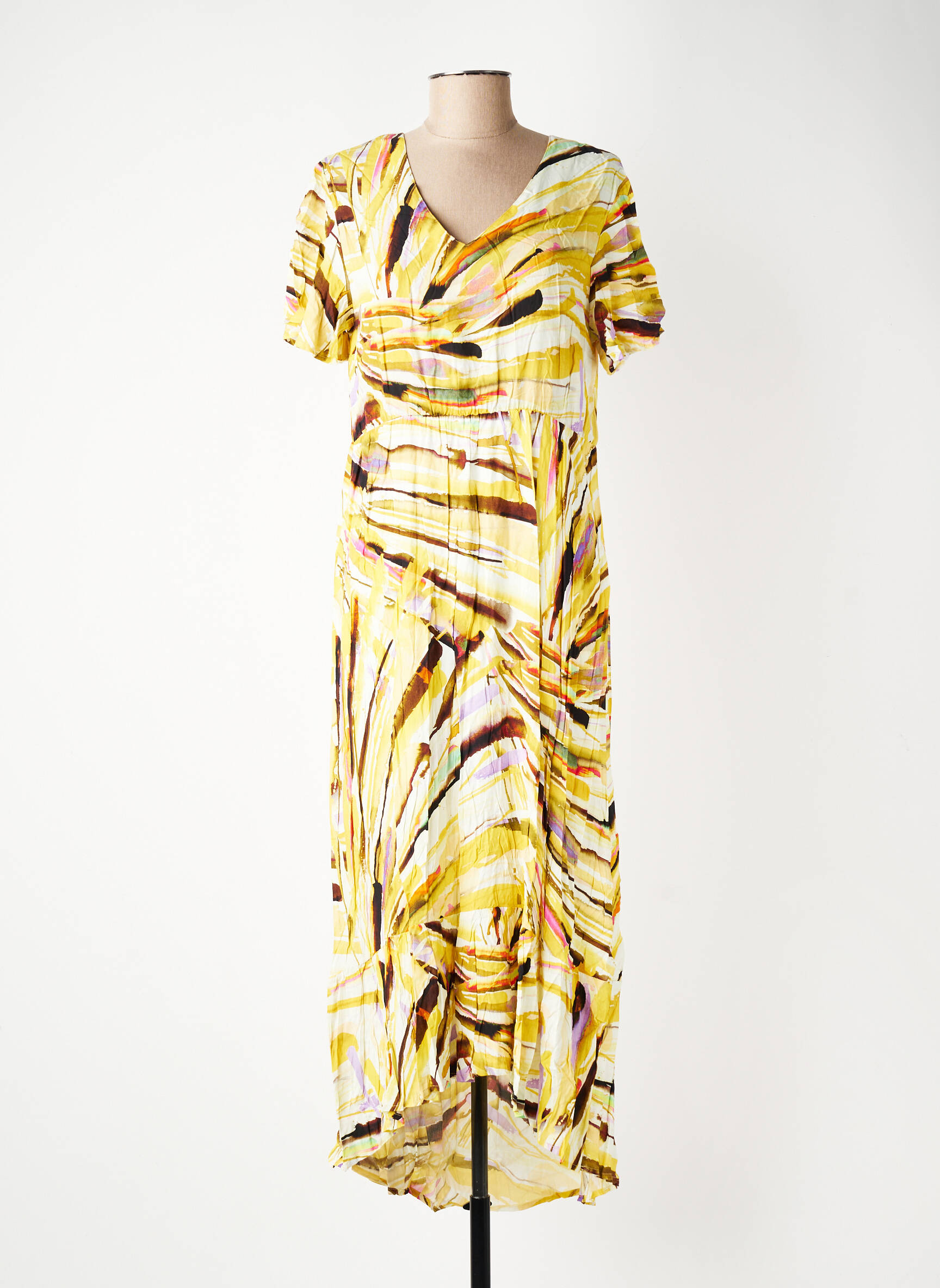 Robe longue tissage popeline manches courtes jaune GEVANA femme