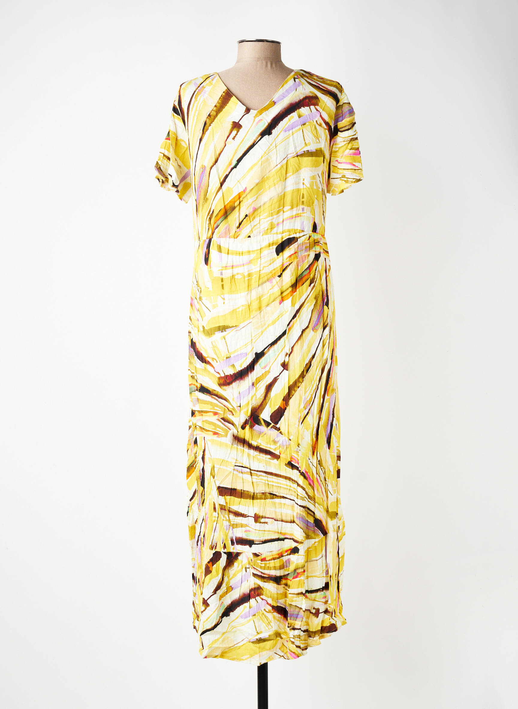 Robe longue tissage popeline manches courtes jaune GEVANA femme