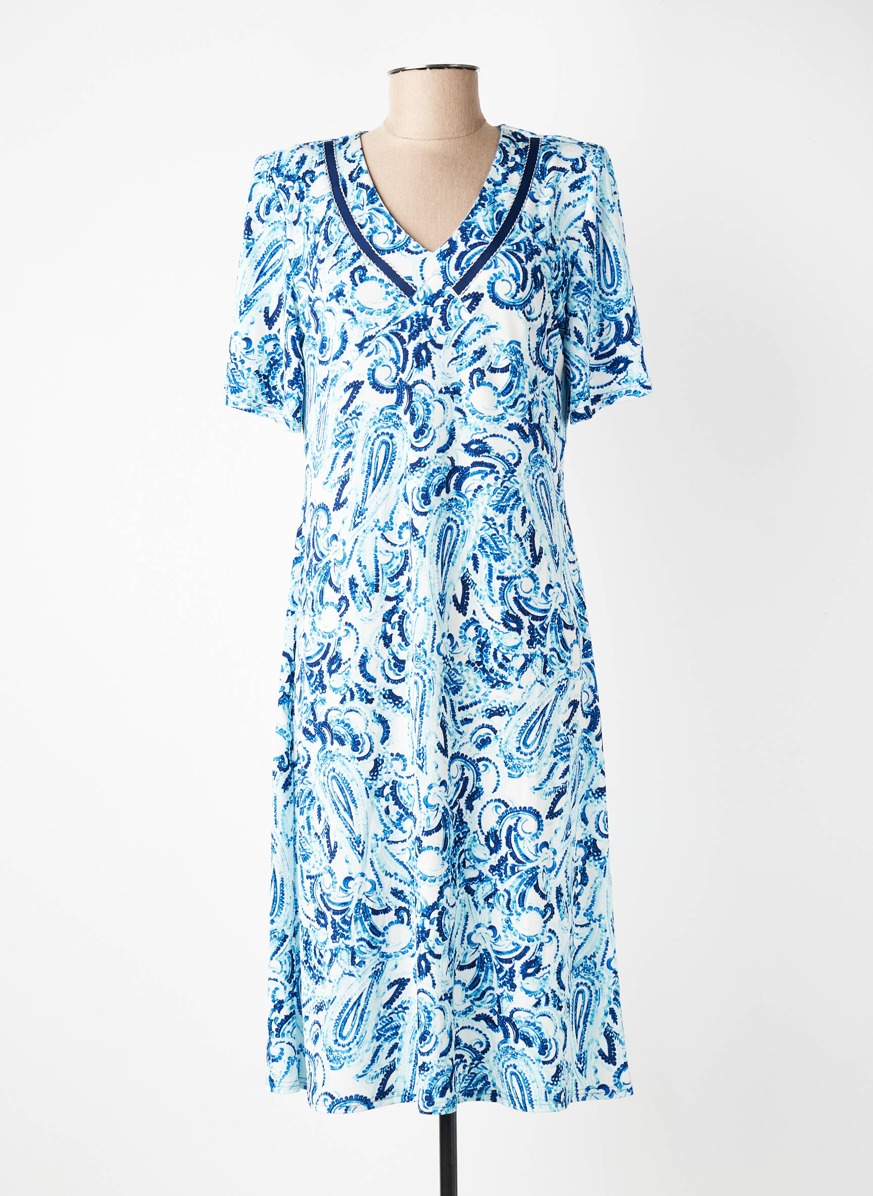 Robe mi-longue imprimé fantaisie manches courtes bleu GEVANA femme