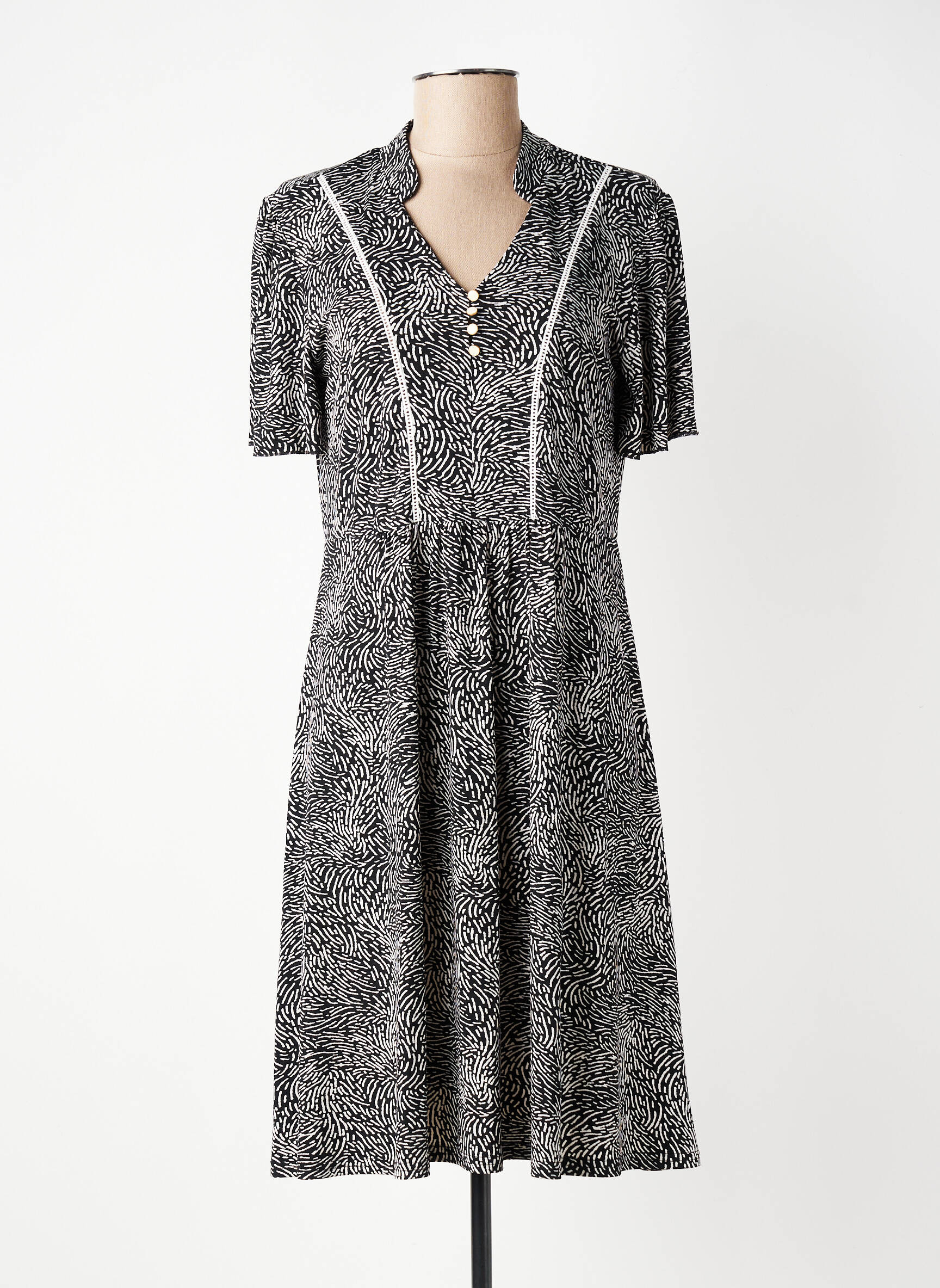 Robe mi-longue imprimé fantaisie manches courtes noir GEVANA femme