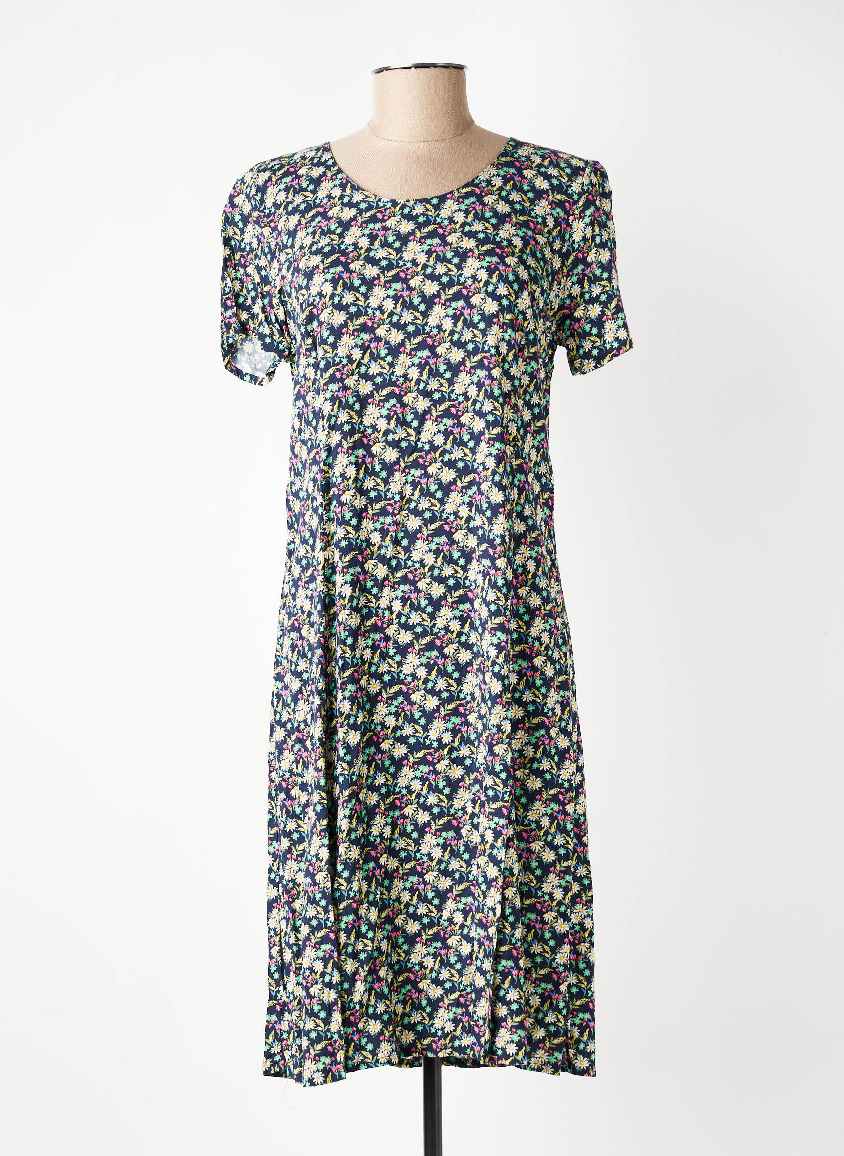 Robe mi-longue imprimé fleurs manches courtes bleu GEVANA femme