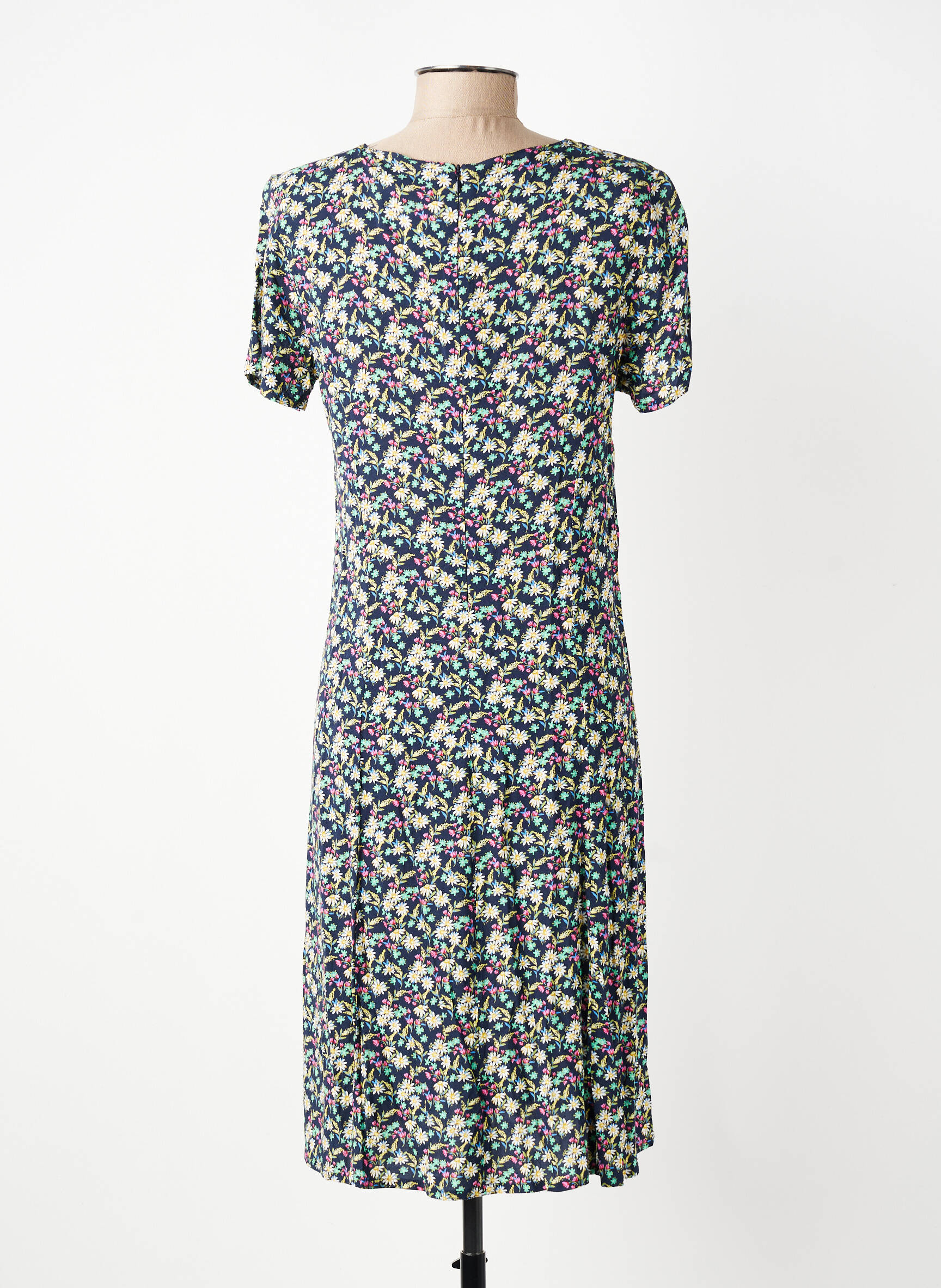 Robe mi-longue imprimé fleurs manches courtes bleu GEVANA femme