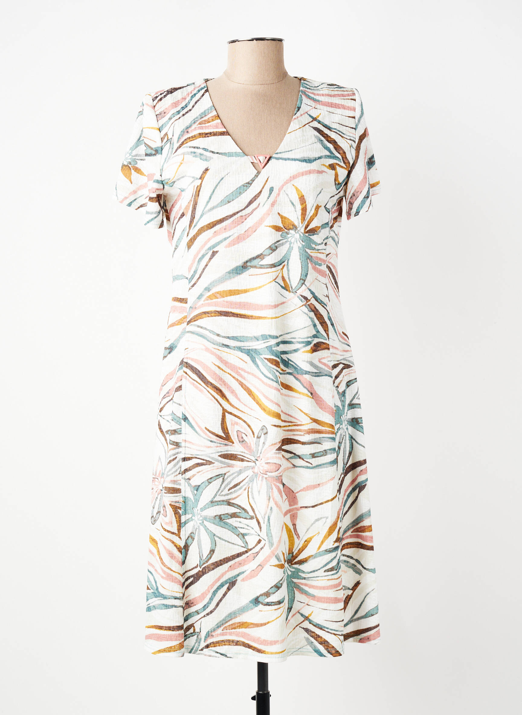 Robe mi-longue tissage crêpe manches courtes beige GEVANA femme