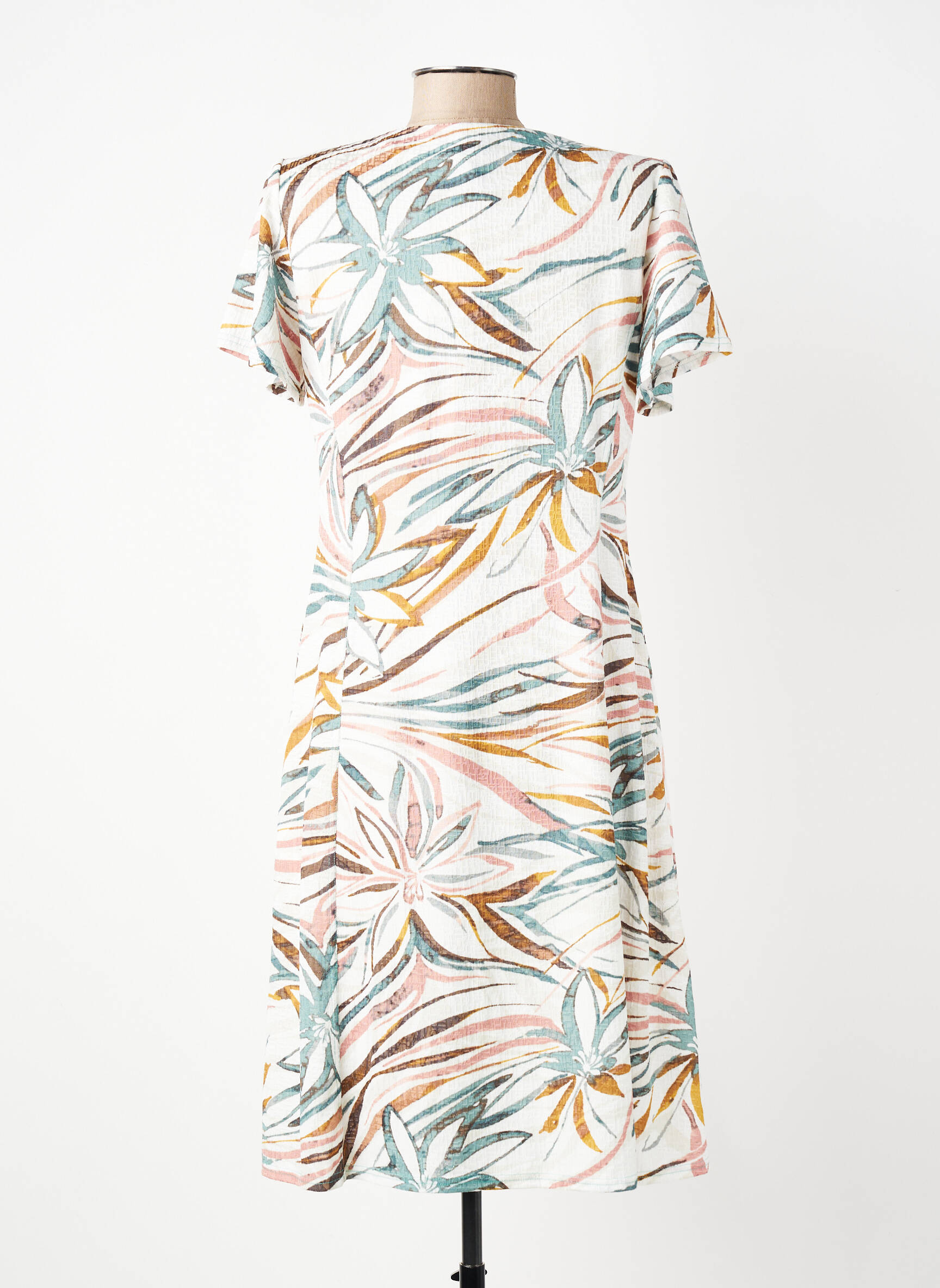 Robe mi-longue tissage crêpe manches courtes beige GEVANA femme