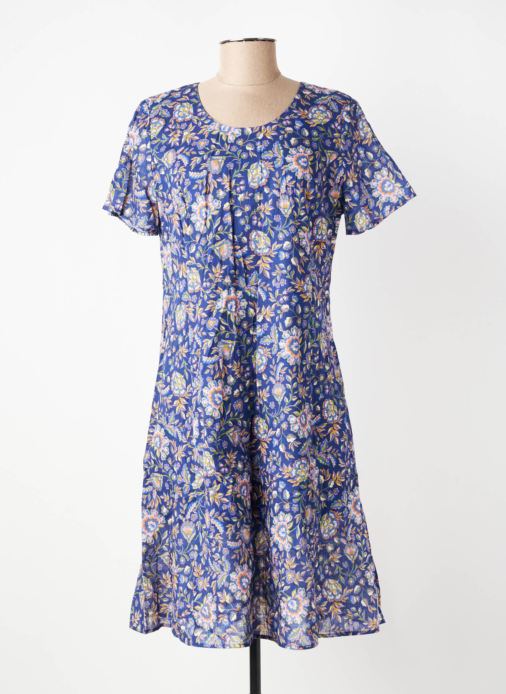 Robe mi-longue imprimé fleurs manches courtes bleu GEVANA femme