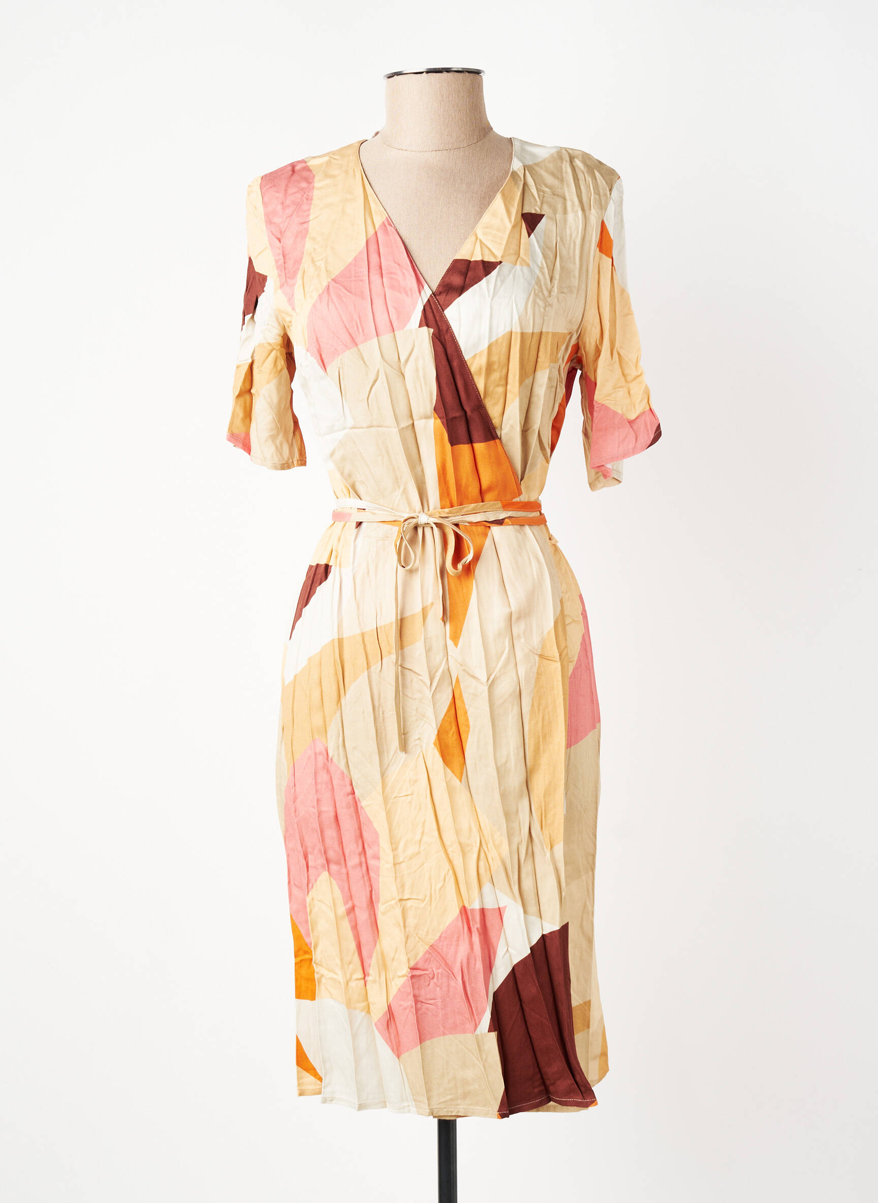 Robe mi-longue imprimé fantaisie manches courtes beige GEVANA femme