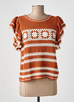 Pull maille ajourée manches courtes marron MD'M femme