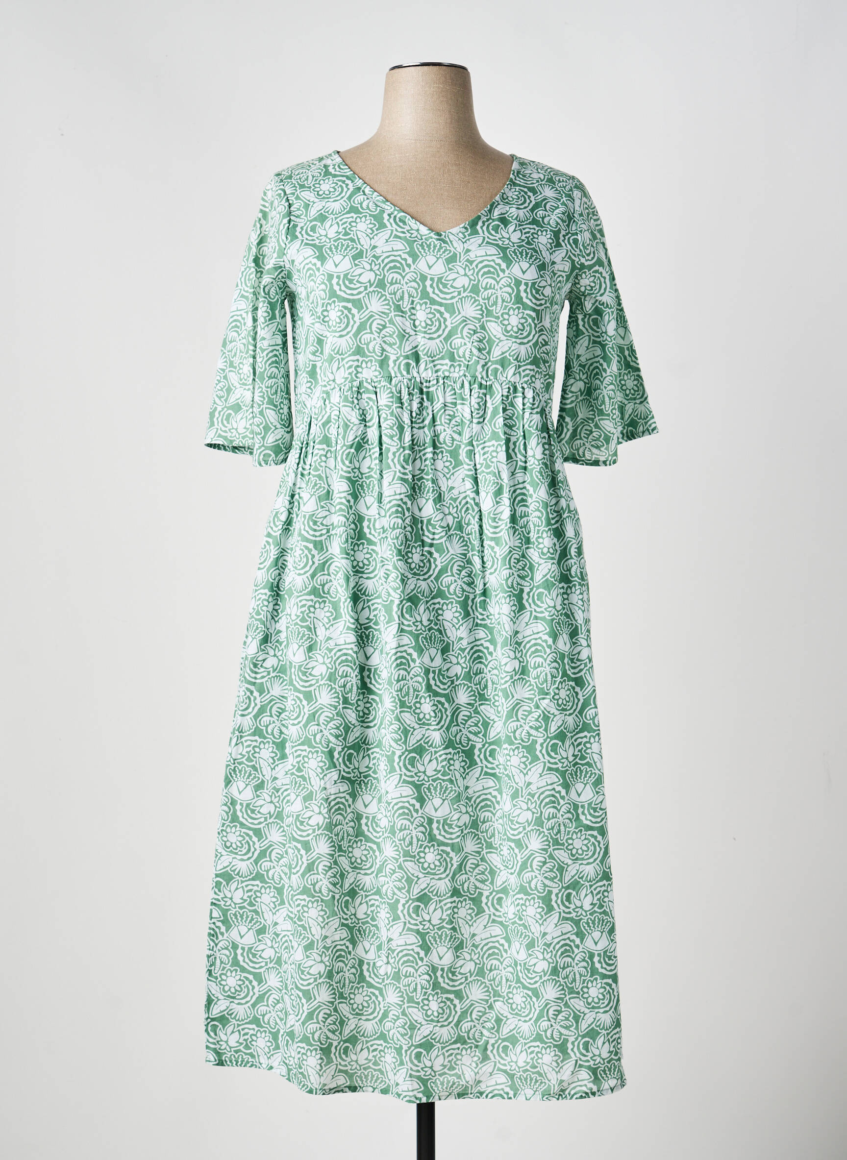Robe longue coupe évasée manches courtes vert AGATHE & LOUISE femme