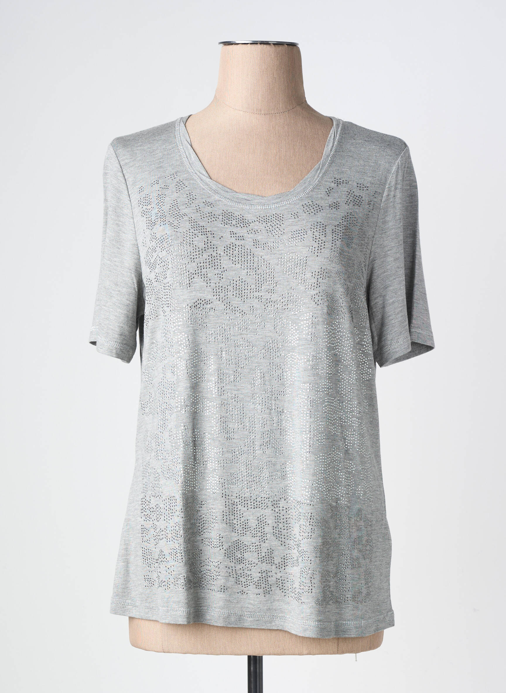 T-shirt sérigraphie avec strass manches courtes gris BARBARA LEBEK femme