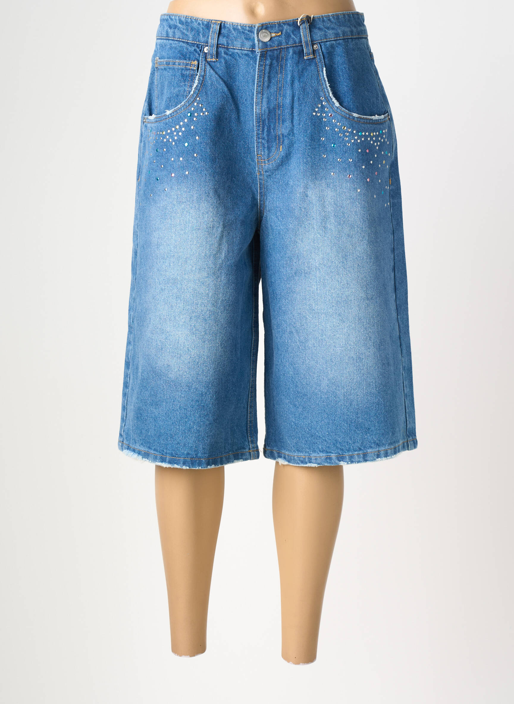 Bermuda coupe droite taille normale bleu ME369 femme