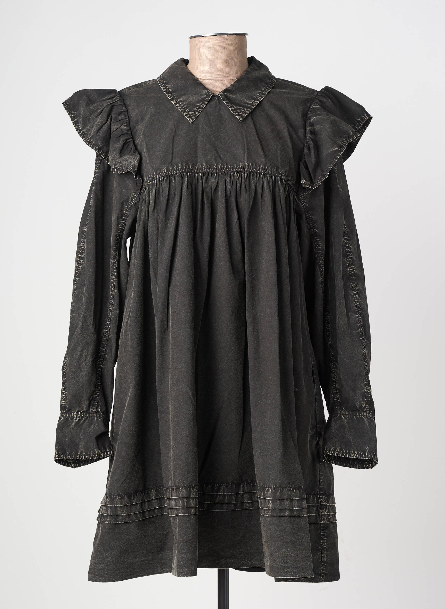 Robe courte coupe évasée manches longues noir GANNI femme