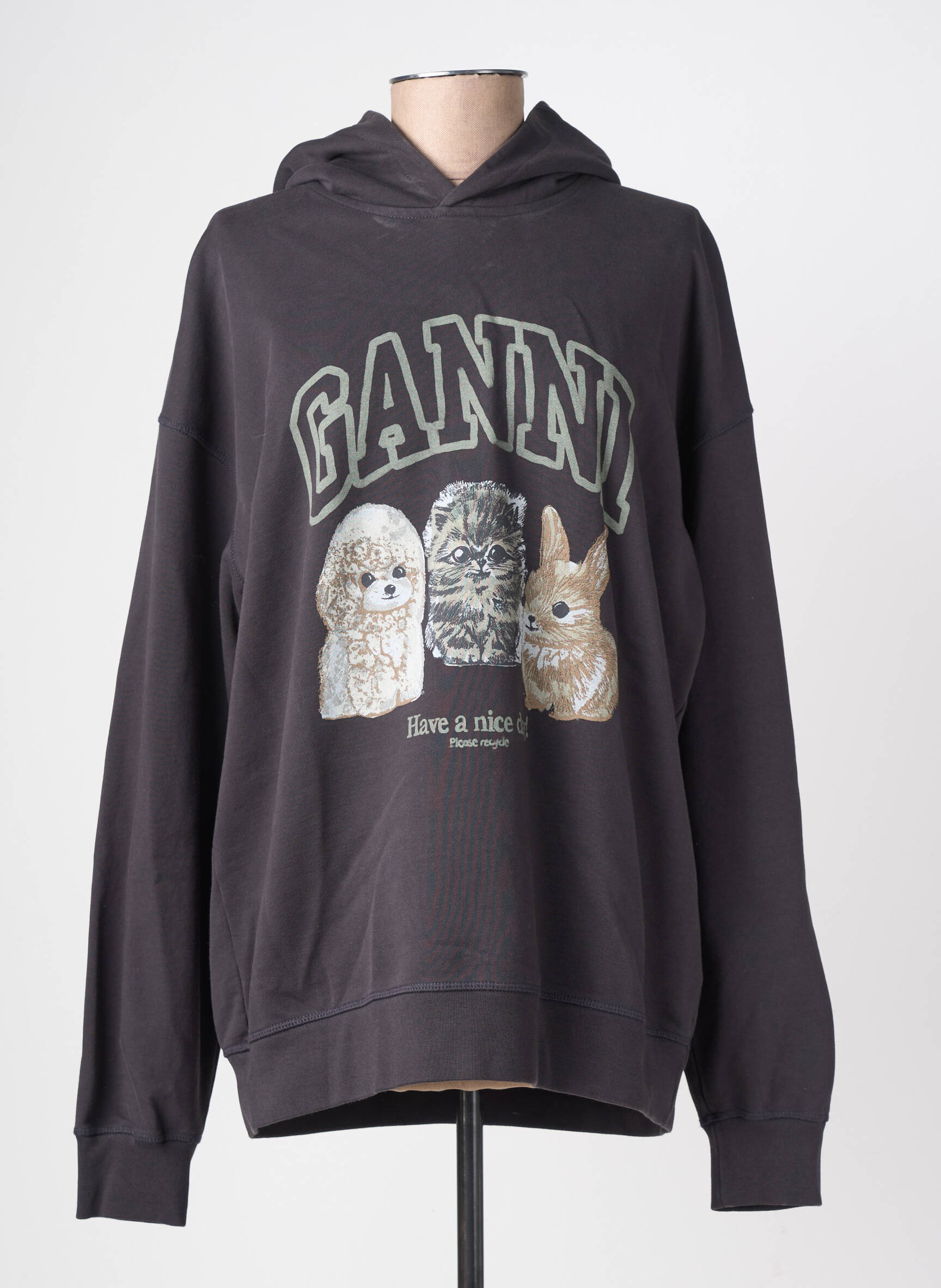 Sweat-shirt à capuche tissage jersey manches longues gris GANNI femme
