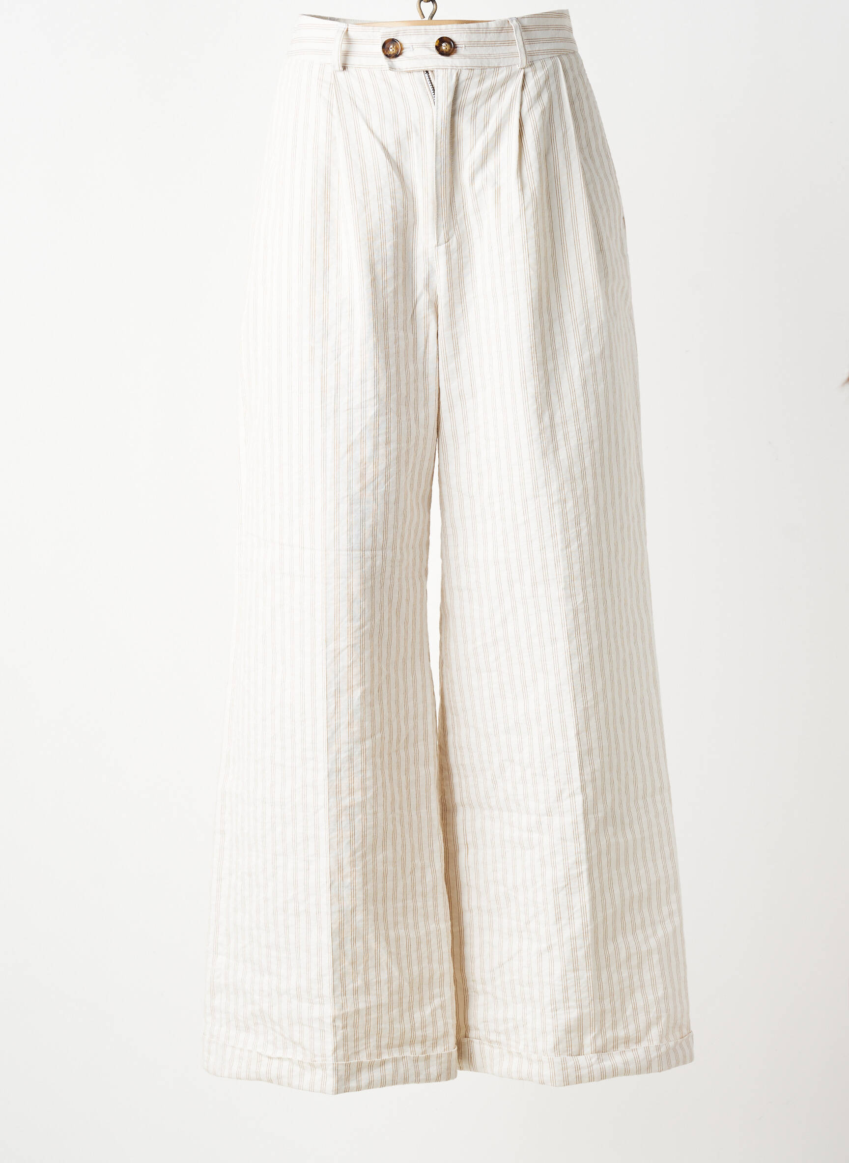 Pantalon large tissage popeline taille haute beige LEON & HARPER femme