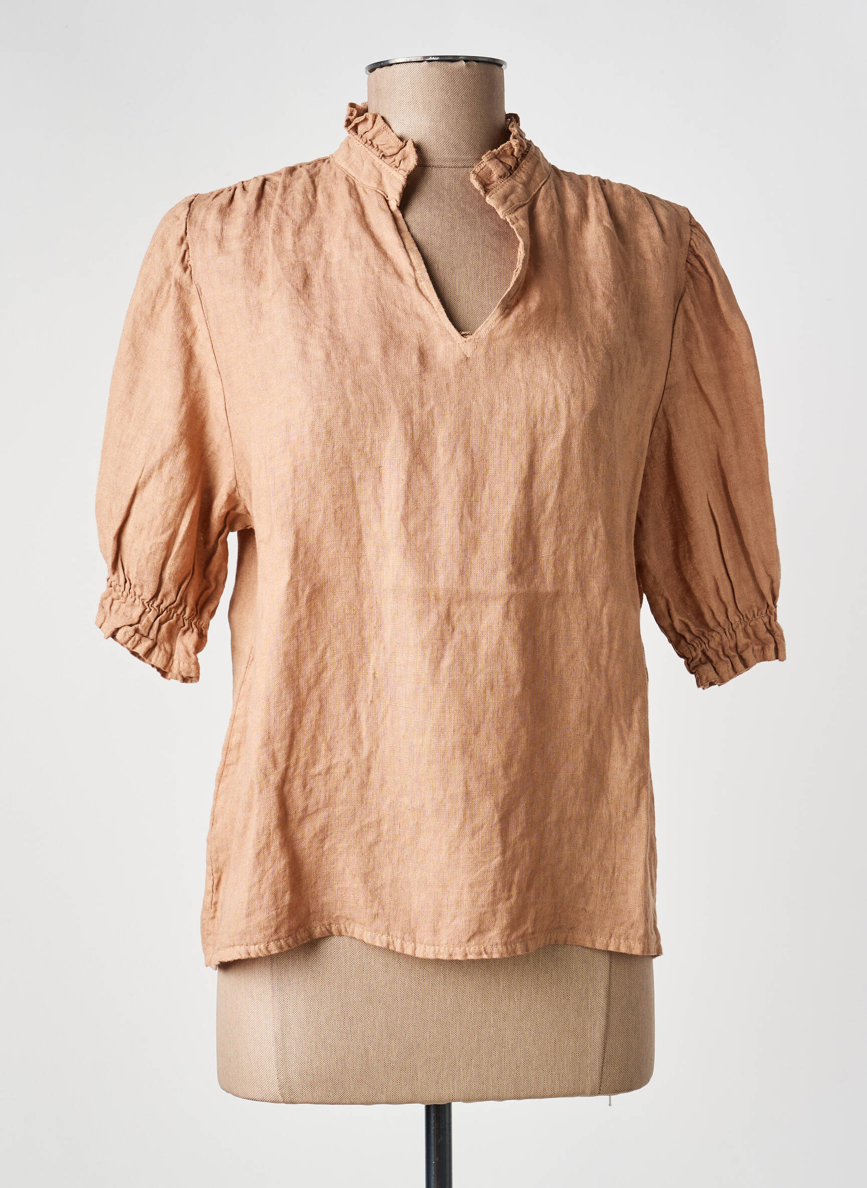 Blouse tissage crêpe manches courtes marron NAIS femme