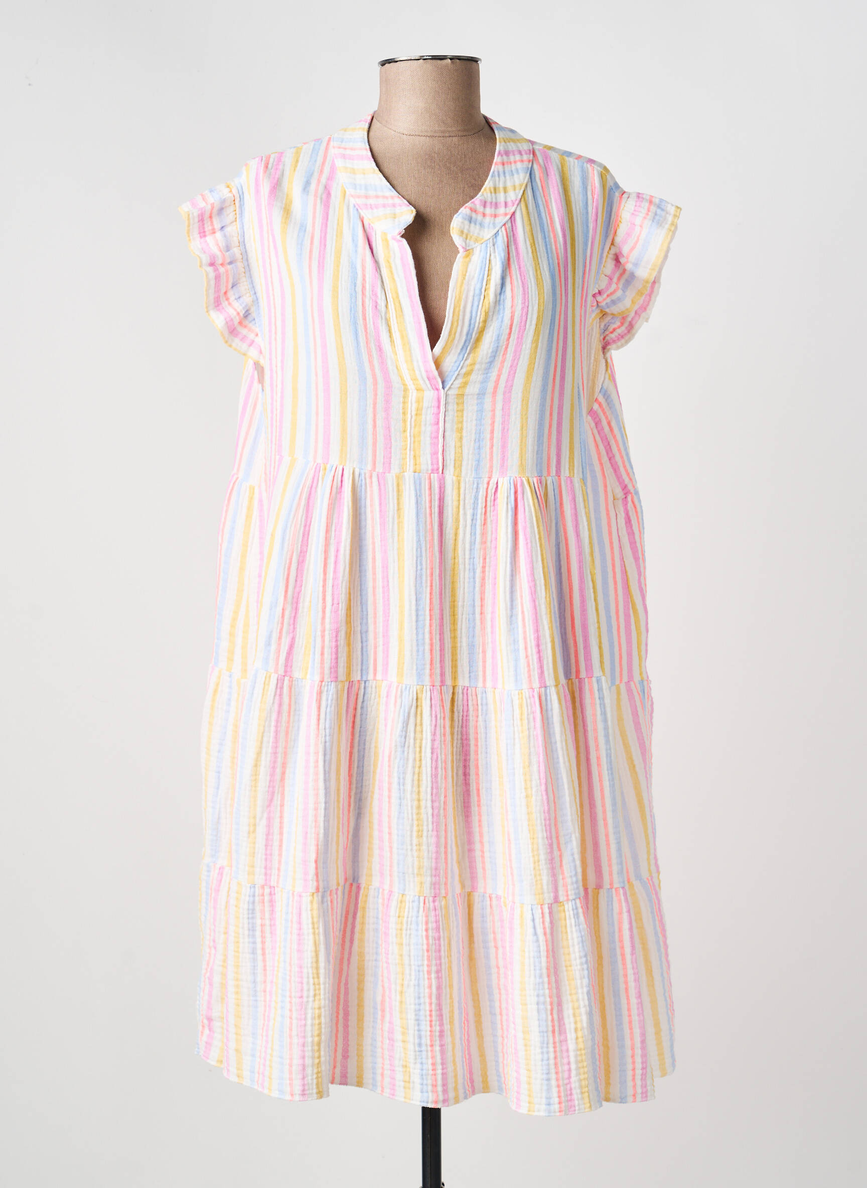 Robe mi-longue tissage crêpe manches courtes rose ROSAN & CO femme