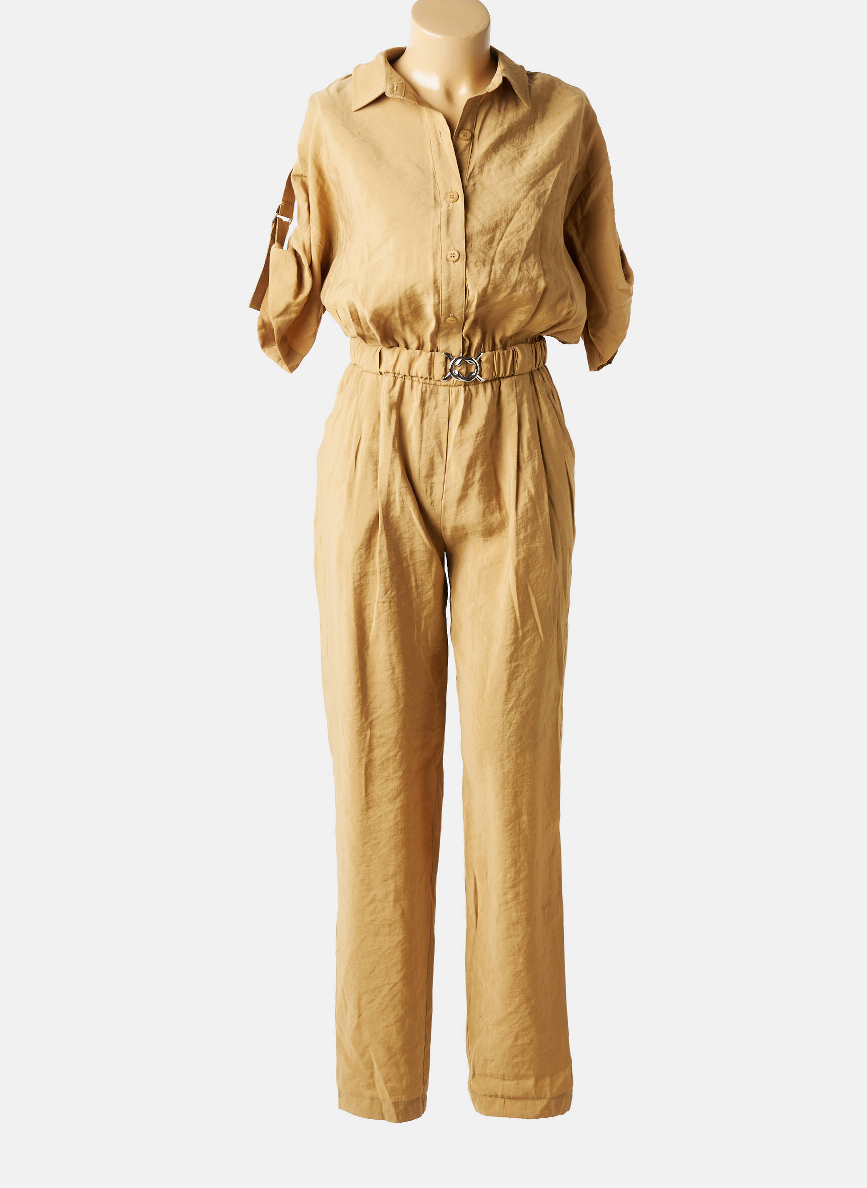 Combi-pantalon tissage crêpe manches courtes beige LA PETITE FRANCAISE femme