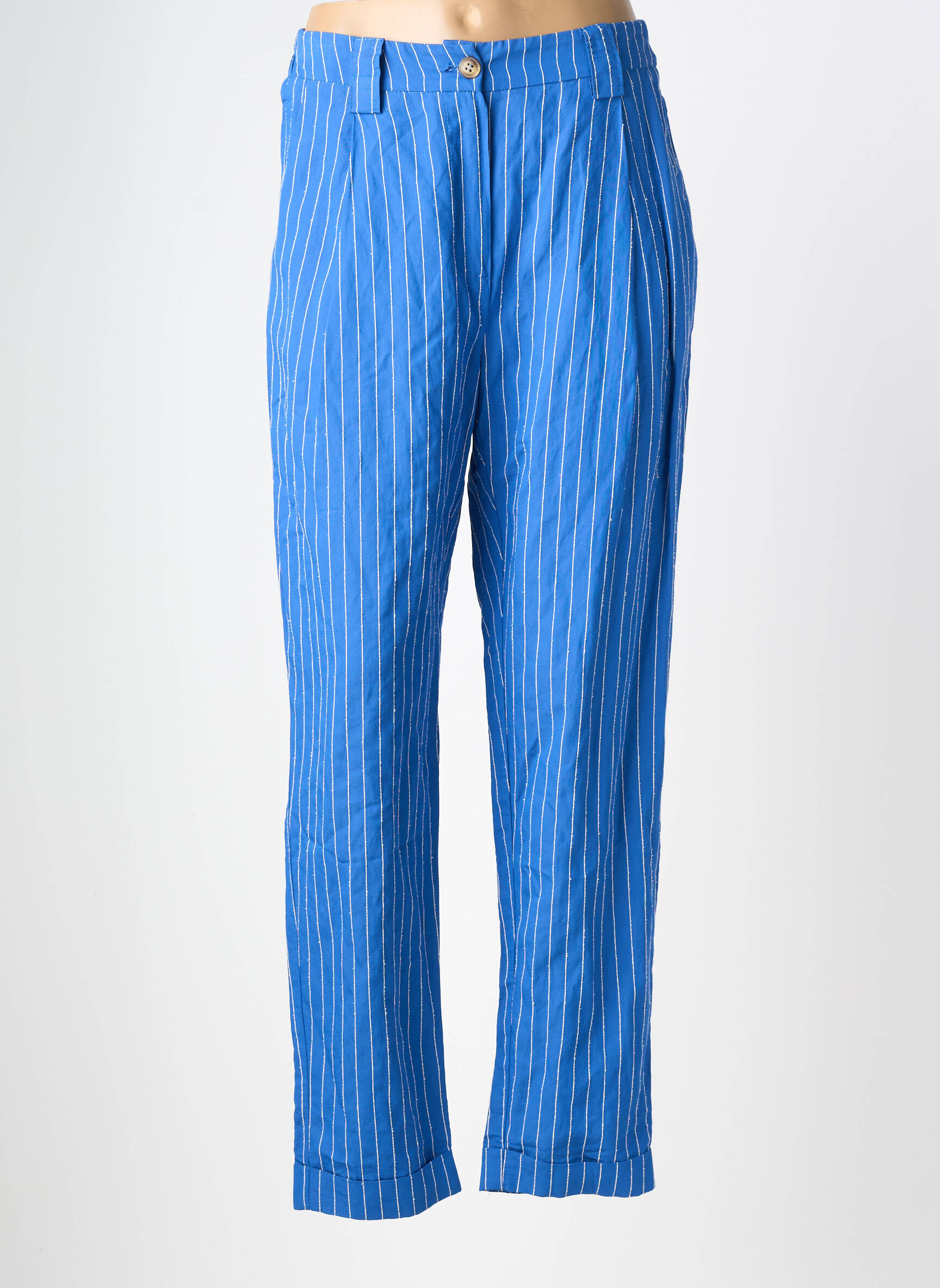 Pantalon droit tissage popeline taille haute bleu O'MER femme