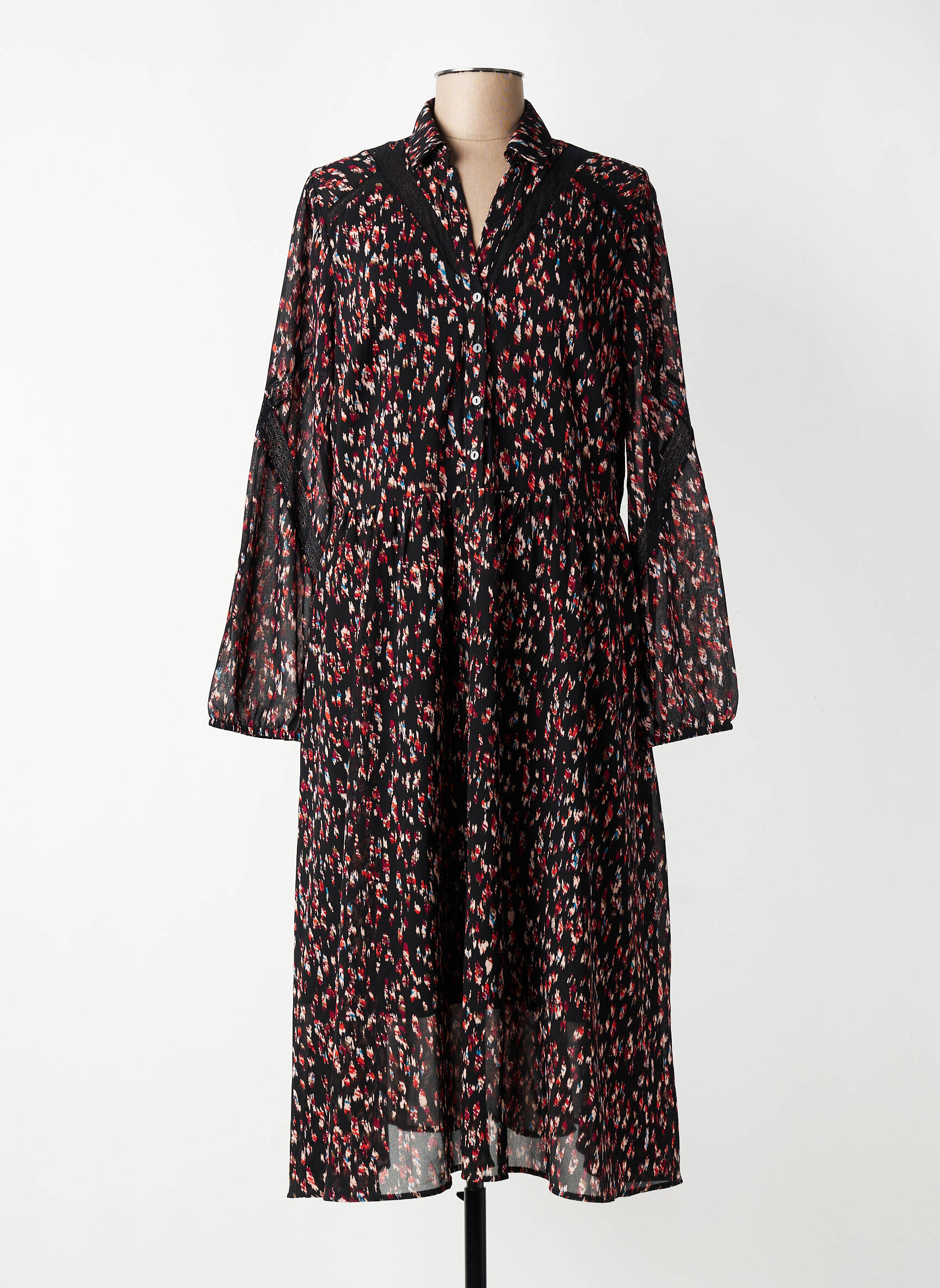Robe mi-longue coupe fluide manches longues noir ONE STEP femme