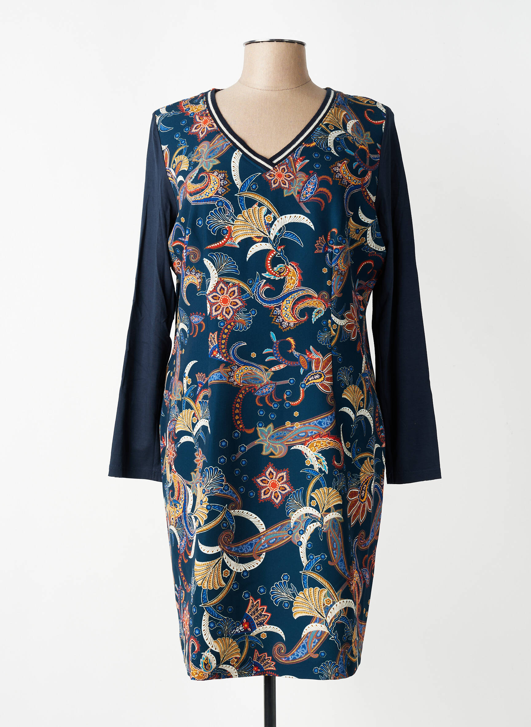 Robe mi-longue imprimé fleurs manches longues bleu PAUSE CAFE femme