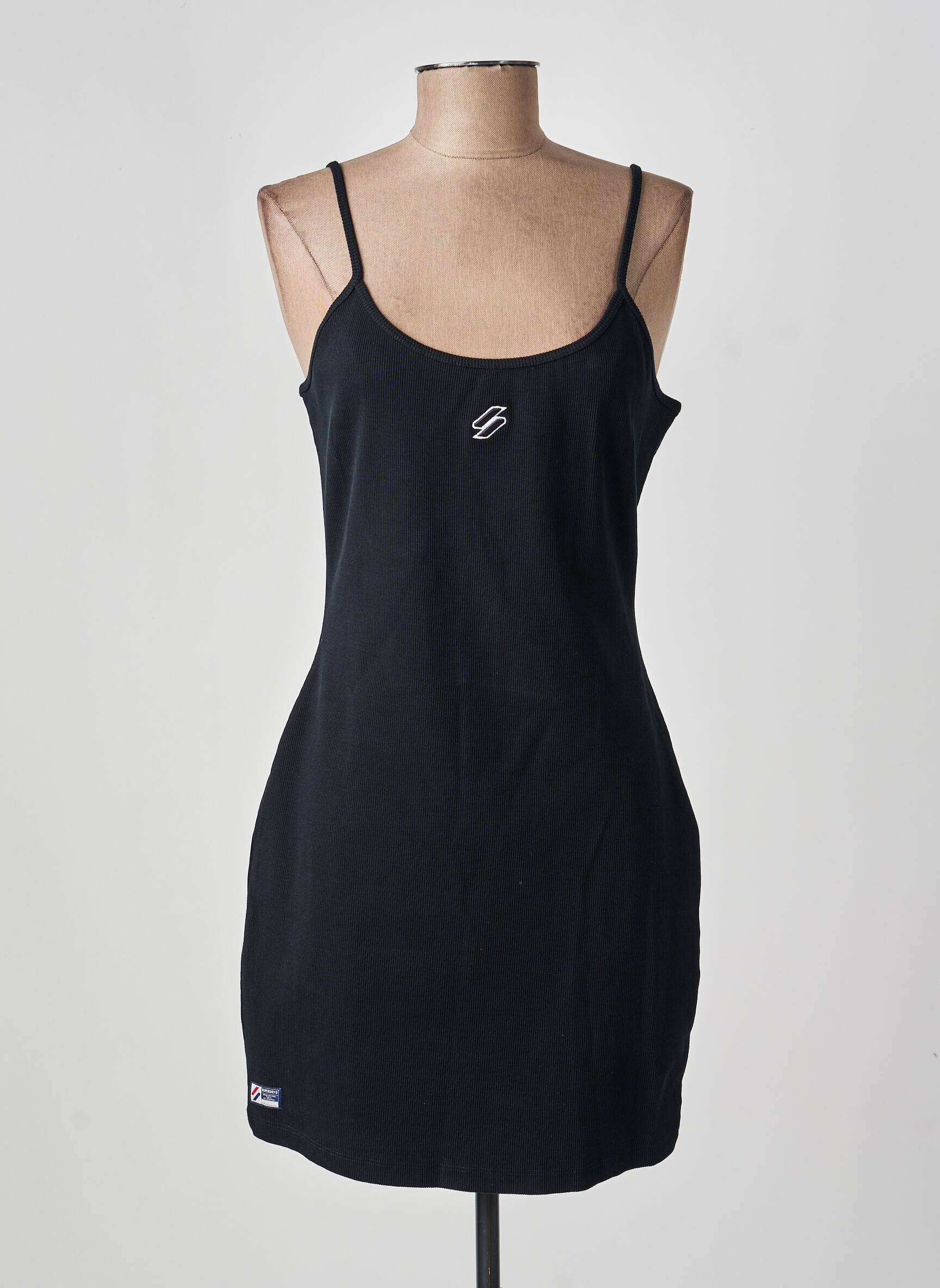 Robe courte col rond fines bretelles noir SUPERDRY femme
