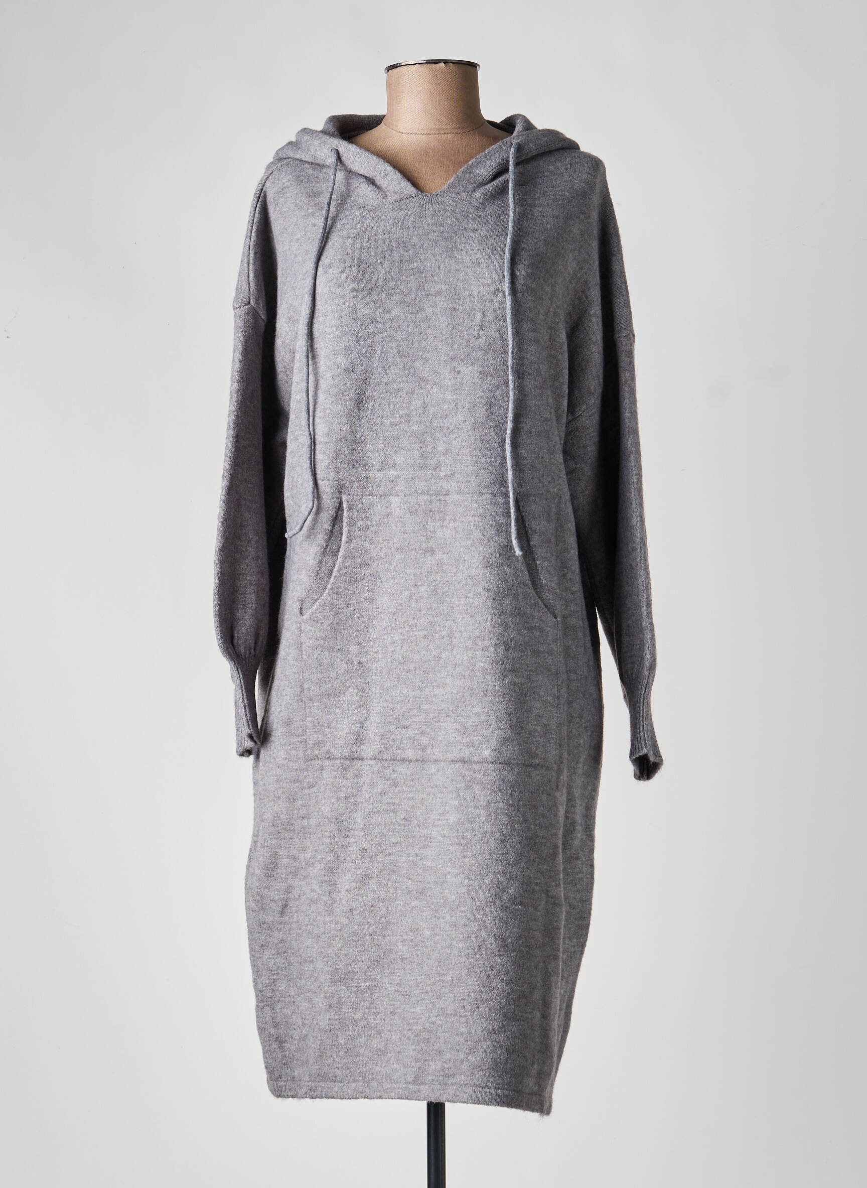Robe pull col v manches longues gris WORLD FASHION femme