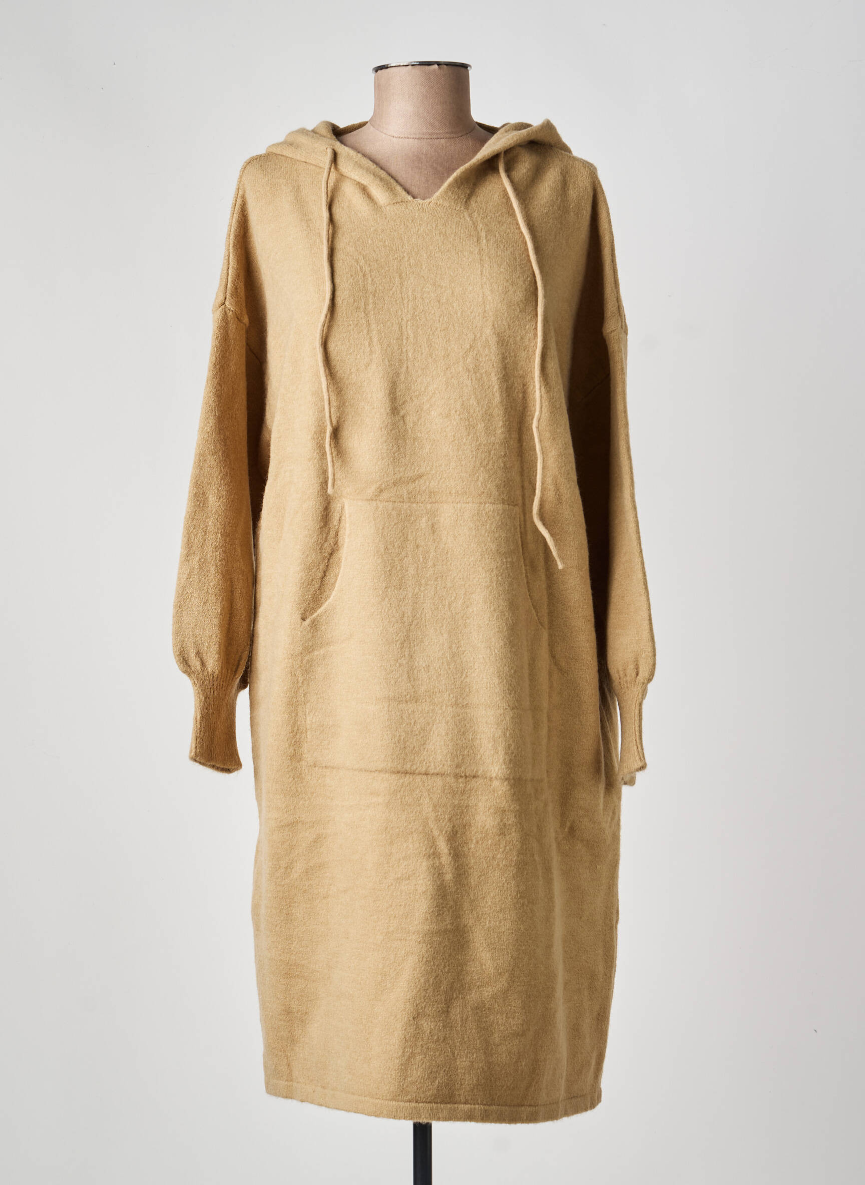 Robe pull col v manches longues beige WORLD FASHION femme