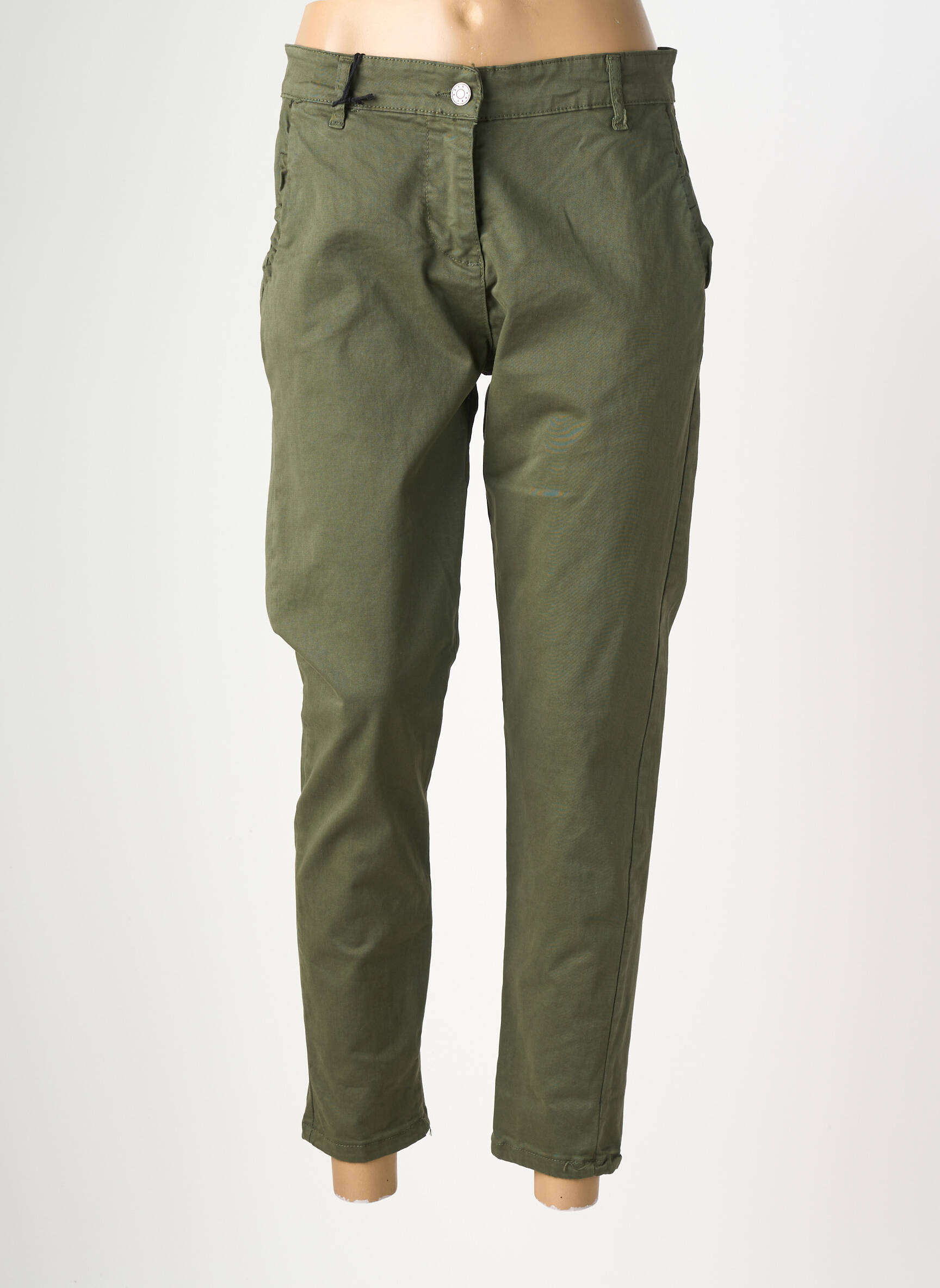 Pantalon chino fermeture zippée sous rabat boutonné taille normale vert MADE IN ITALY femme