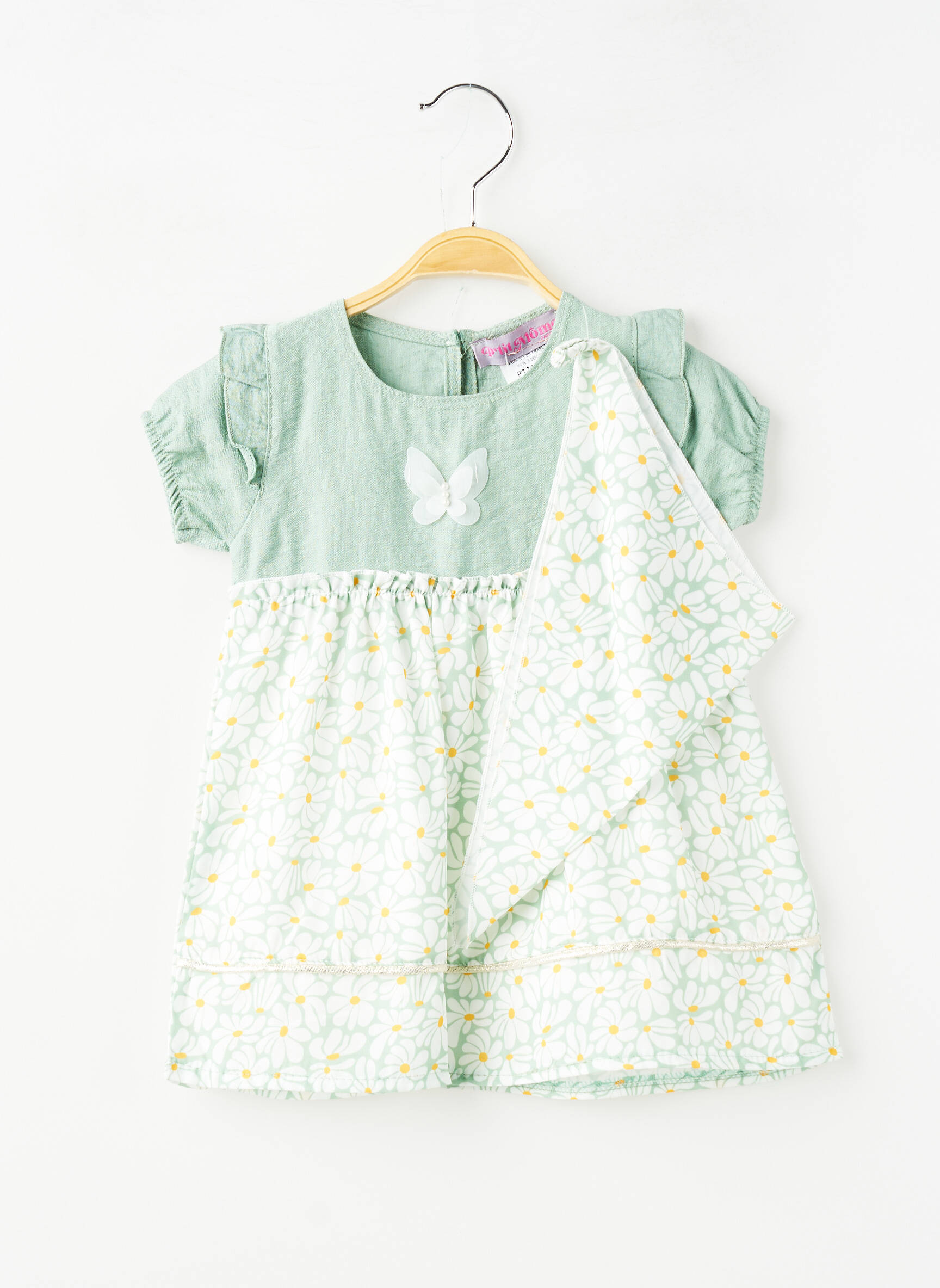 Robe courte tissage popeline manches courtes vert P'TIT MÔME fille