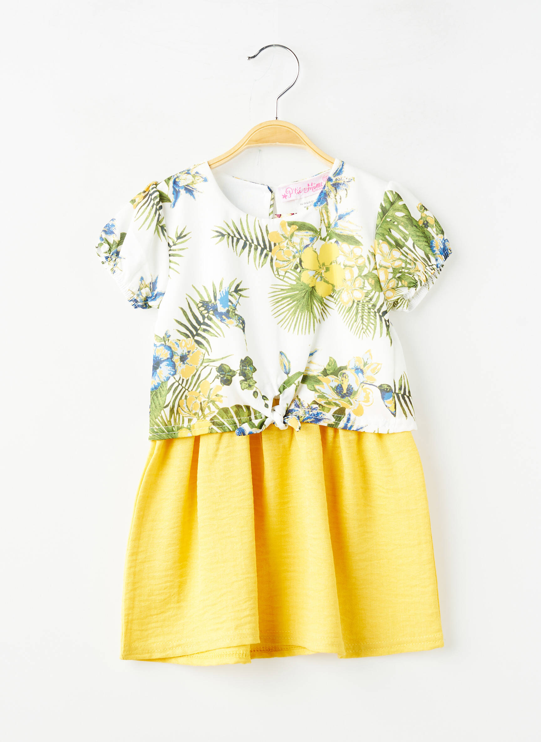 Robe courte tissage popeline manches courtes jaune P'TIT MÔME fille