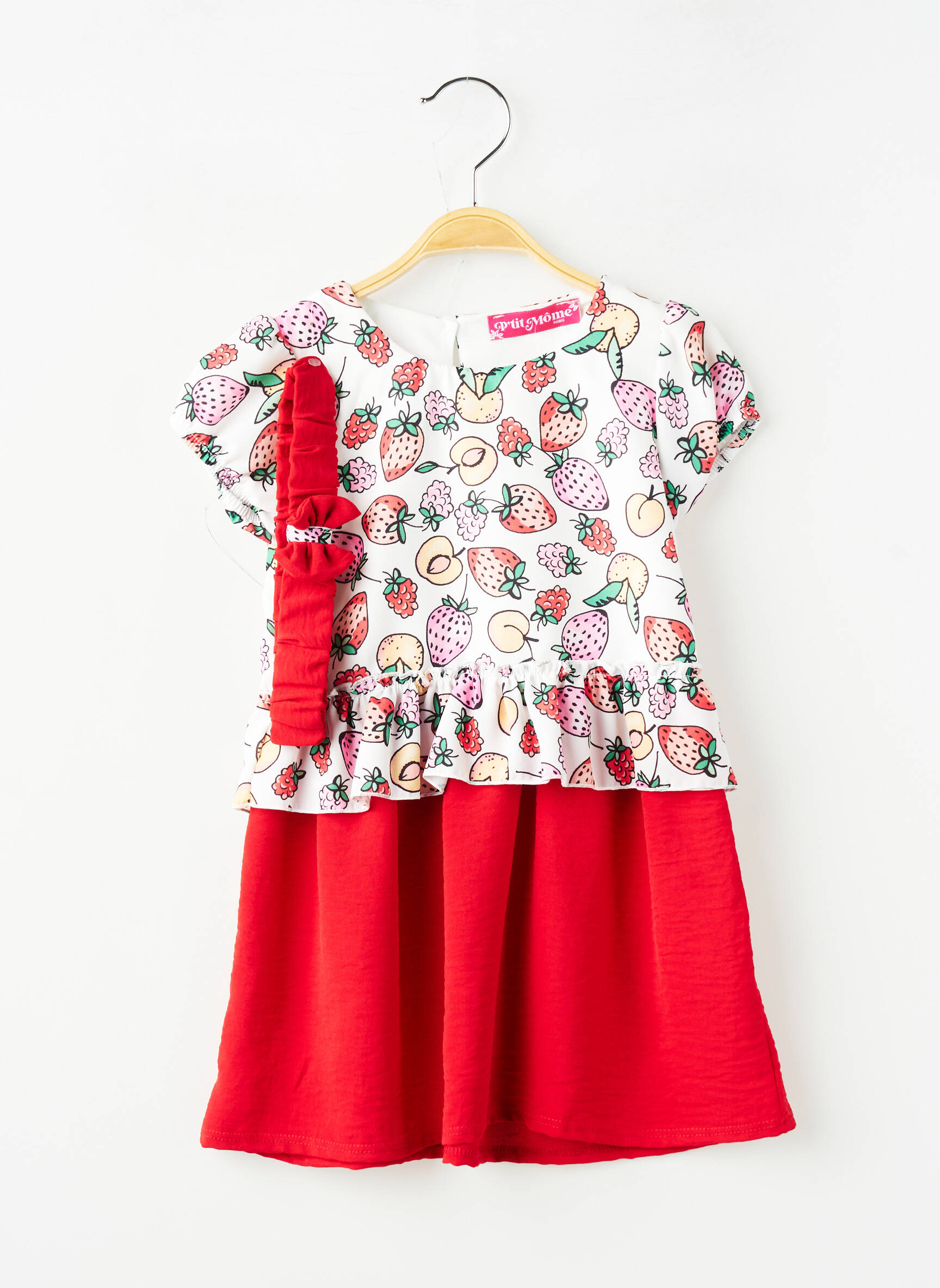 Robe courte tissage popeline manches courtes rouge P'TIT MÔME fille