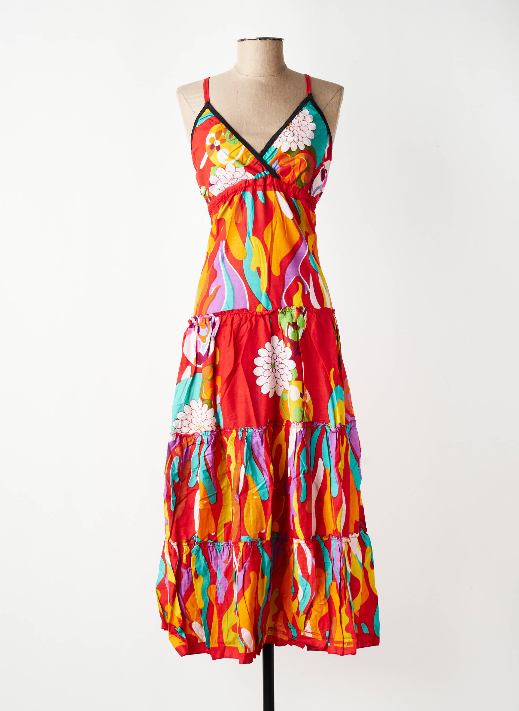 Robe longue imprimé fleurs fines bretelles rouge BAMBOO'S femme
