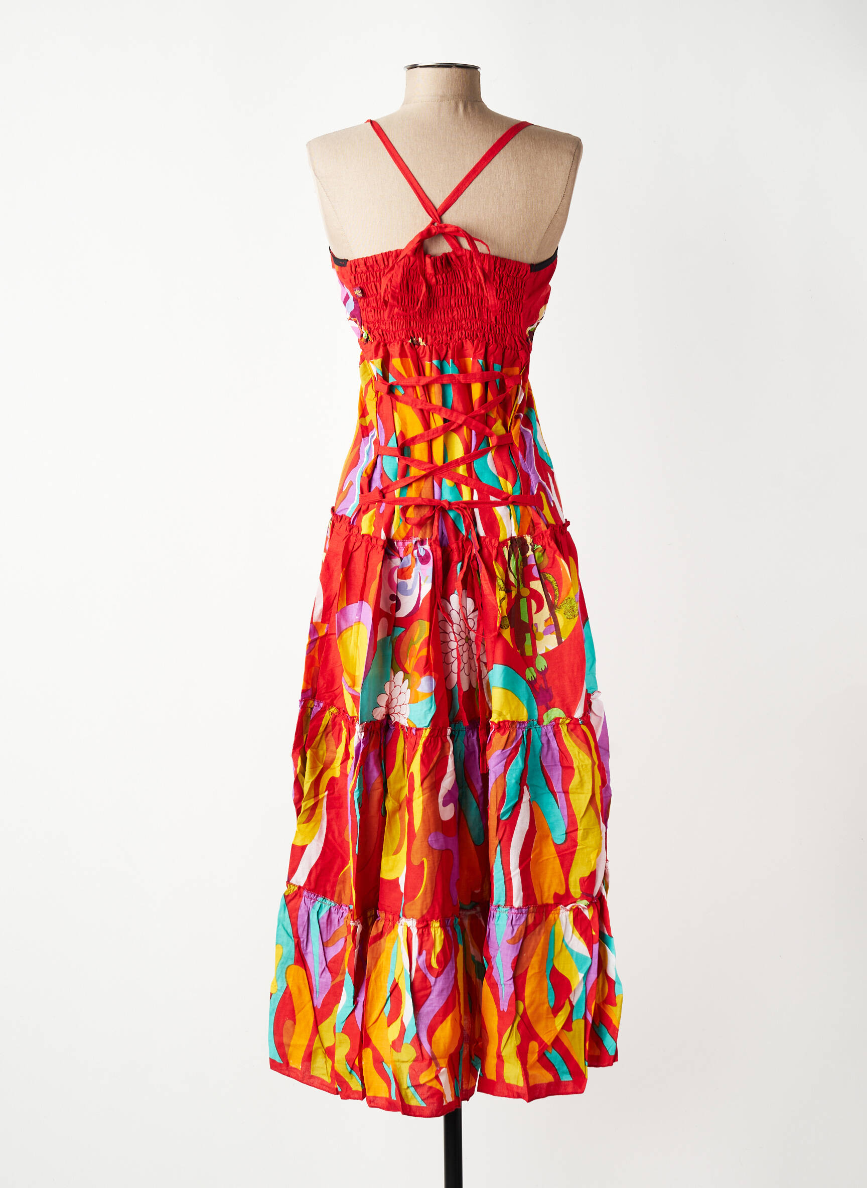 Robe longue imprimé fleurs fines bretelles rouge BAMBOO'S femme