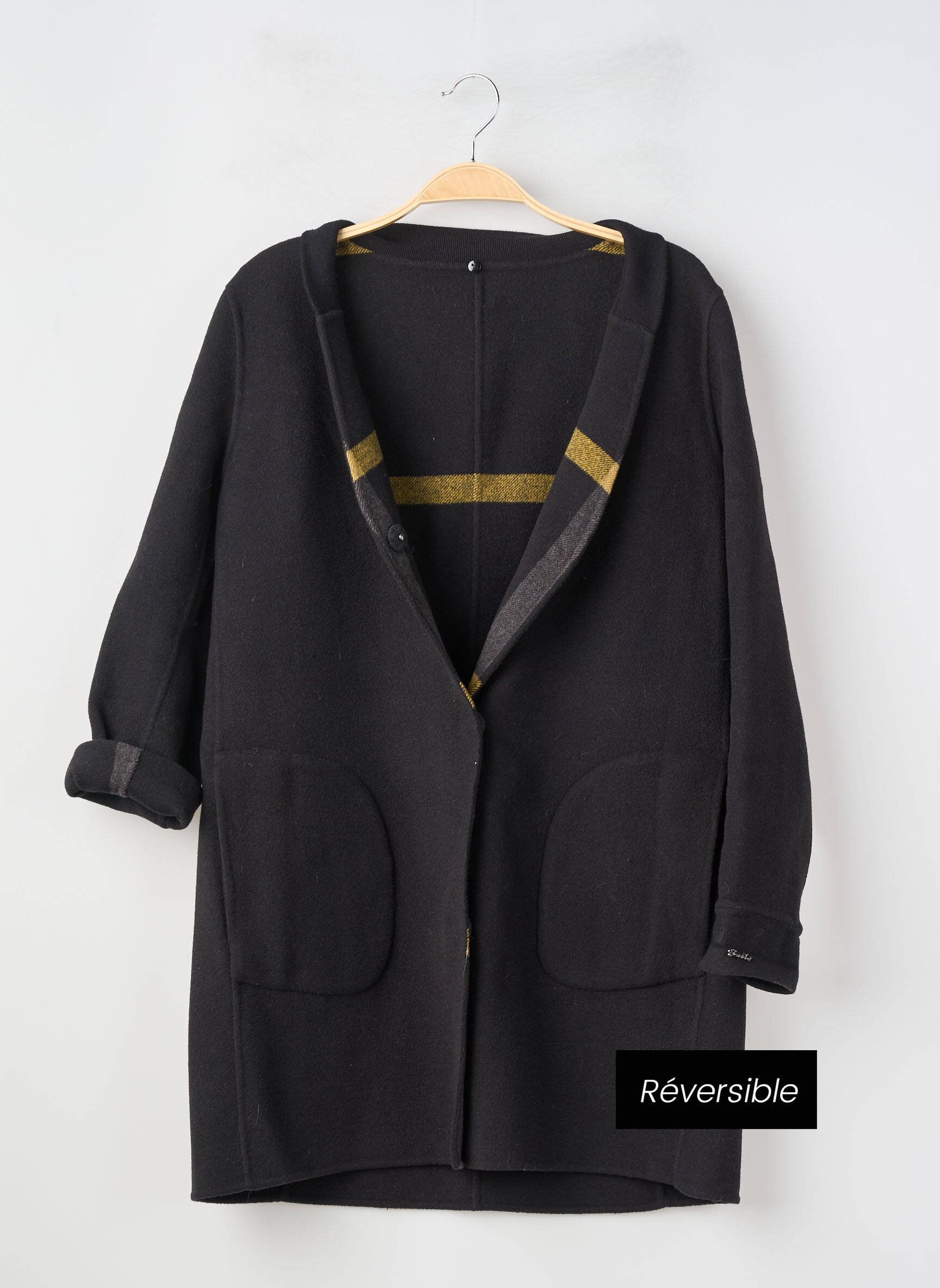 Manteau long fermeture pressionnée sans capuche noir SUITE... femme