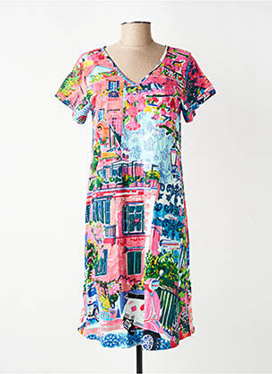 Robe mi-longue imprimé fantaisie manches courtes rose ORIENTIQUE NATURALLY femme