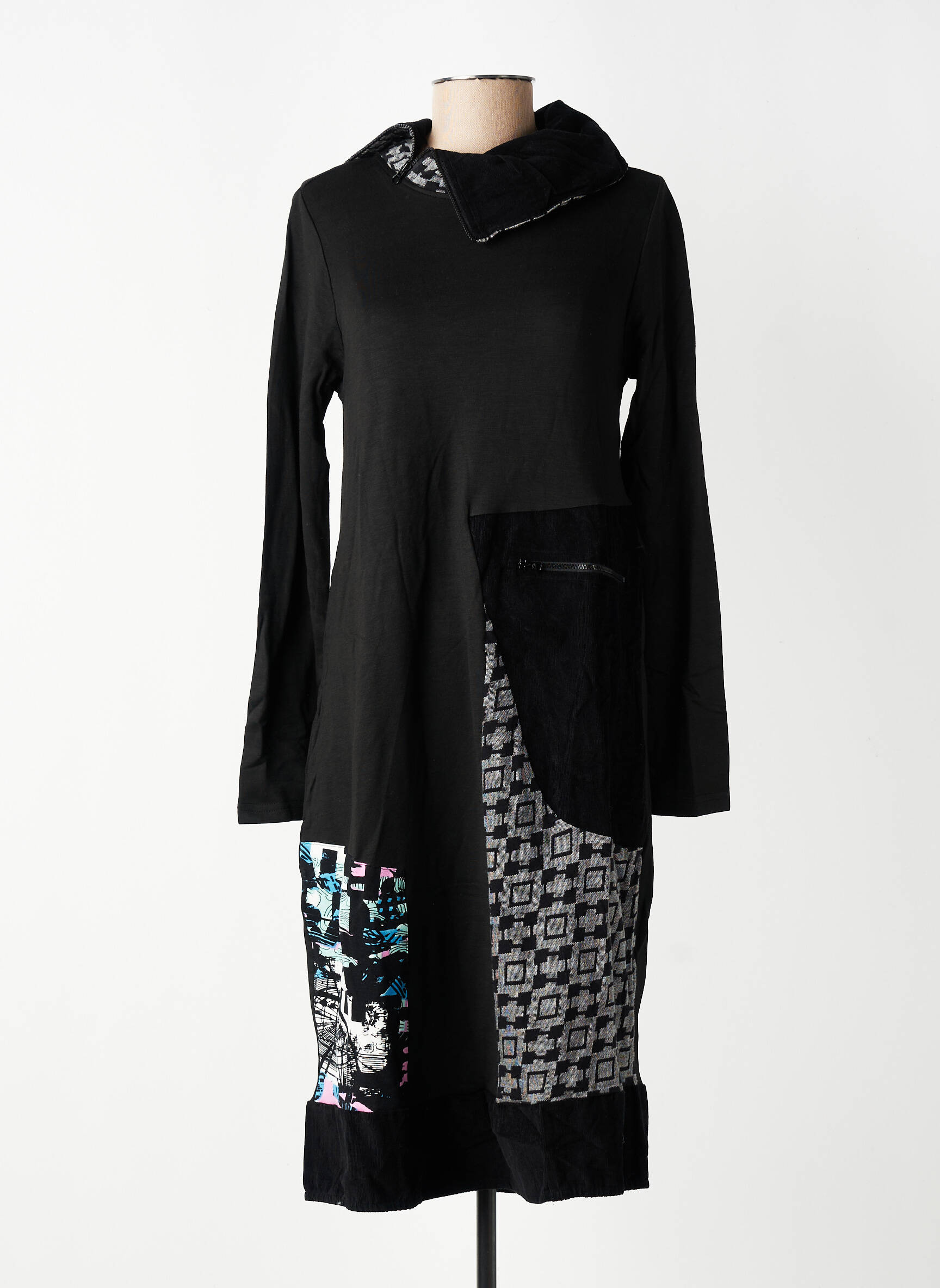 Robe mi-longue imprimé fantaisie manches longues noir ORIENTIQUE NATURALLY femme