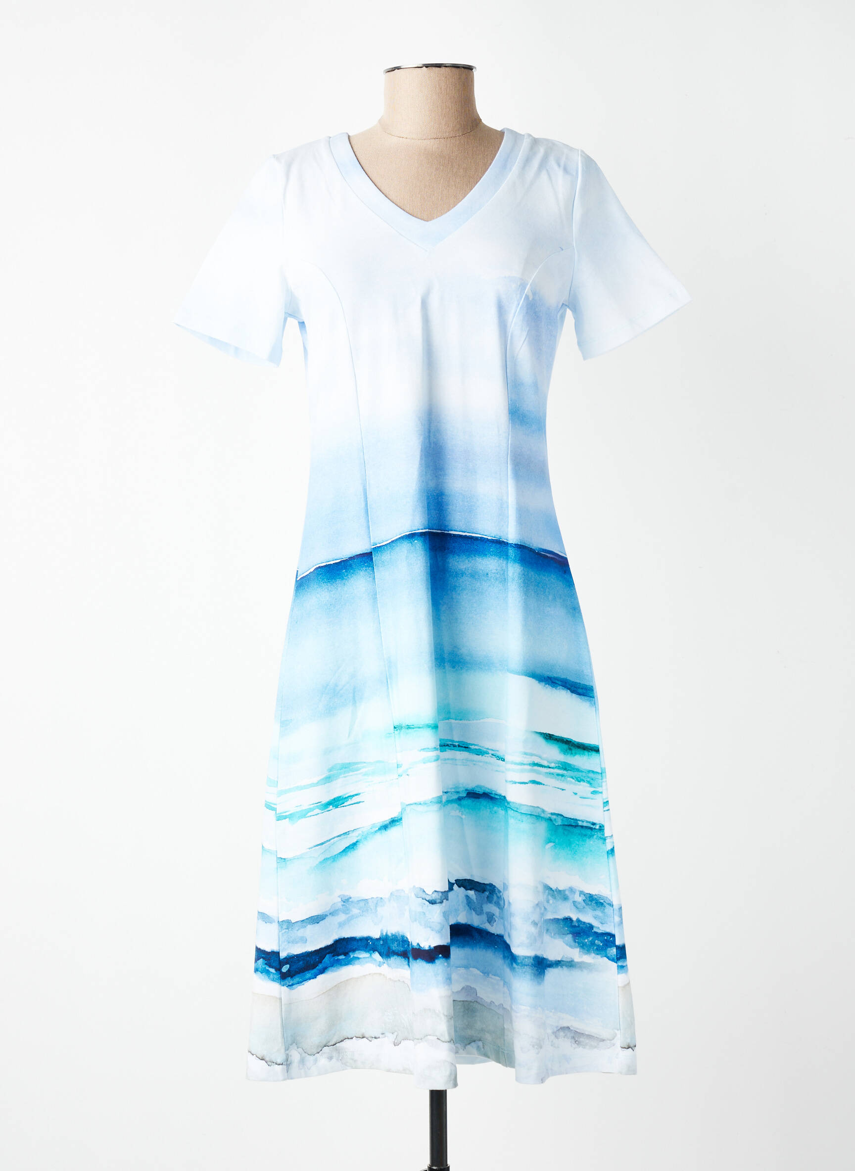 Robe mi-longue imprimé fantaisie manches courtes bleu DOLCEZZA femme