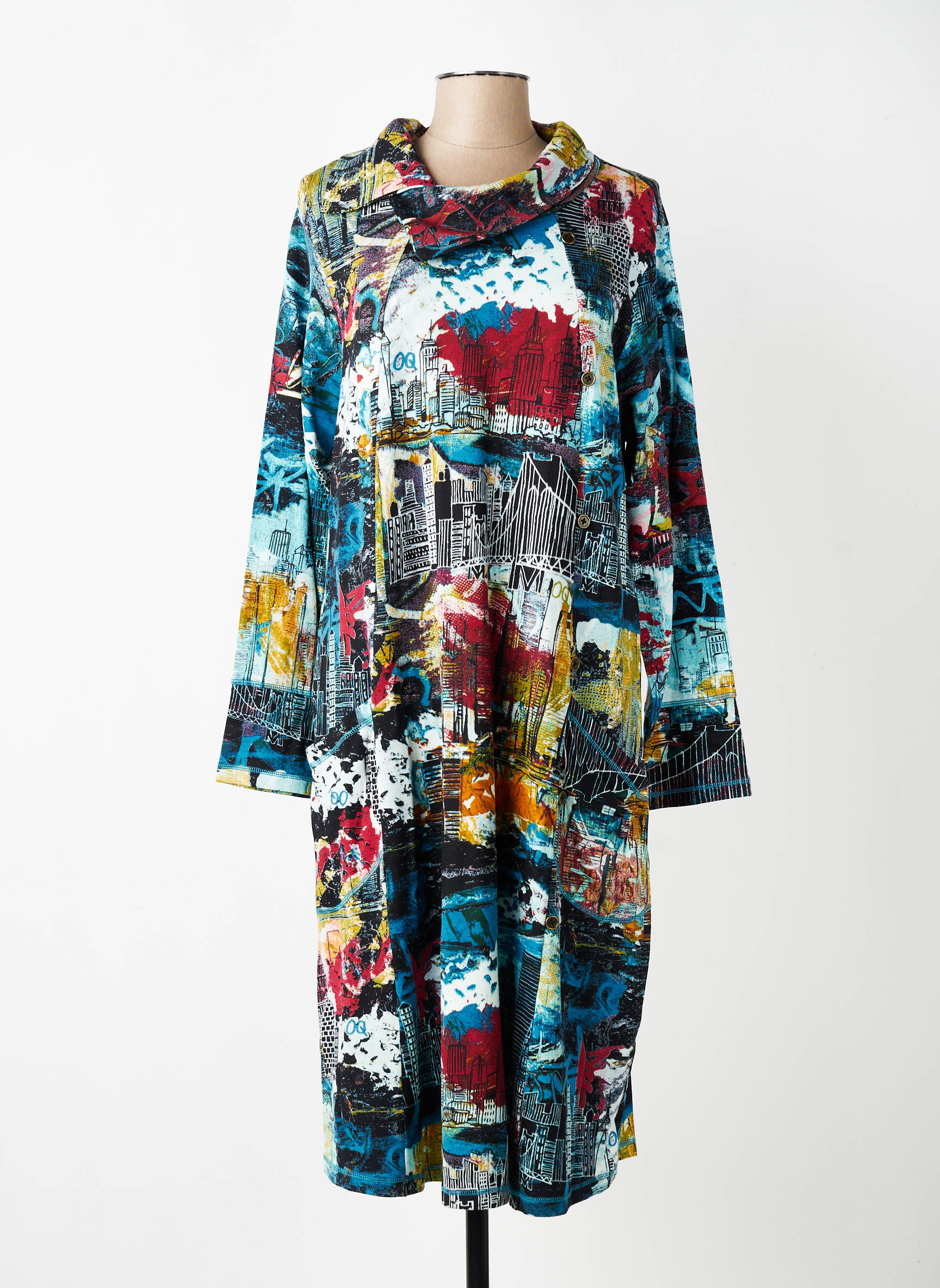 Robe mi-longue imprimé fantaisie manches longues bleu ORIENTIQUE NATURALLY femme