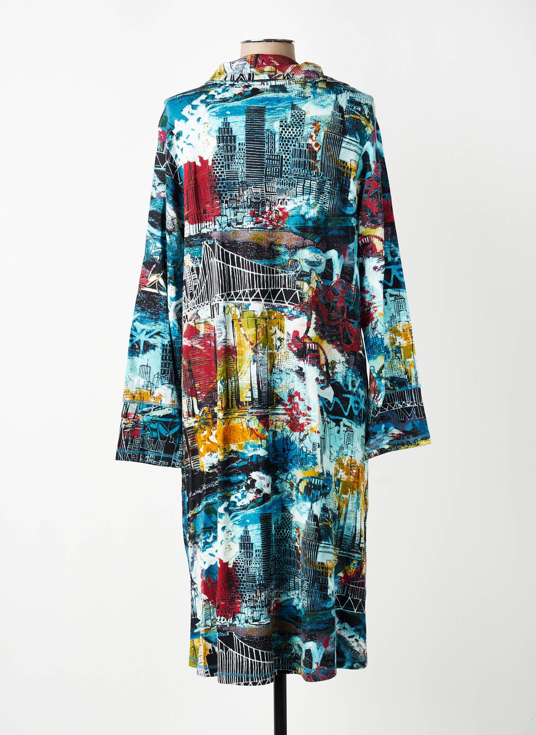 Robe mi-longue imprimé fantaisie manches longues bleu ORIENTIQUE NATURALLY femme