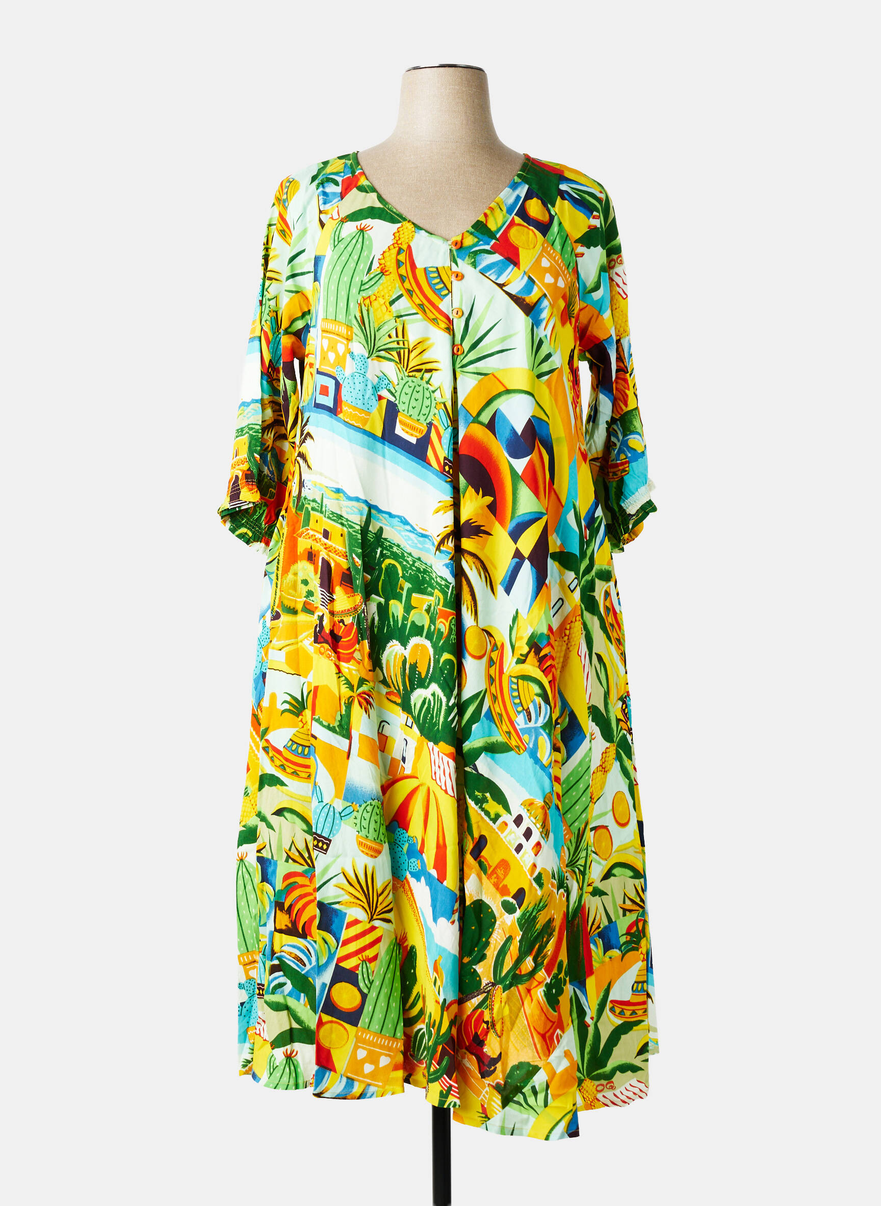 Robe mi-longue manches 3/4 manches 3/4 vert ORIENTIQUE NATURALLY femme