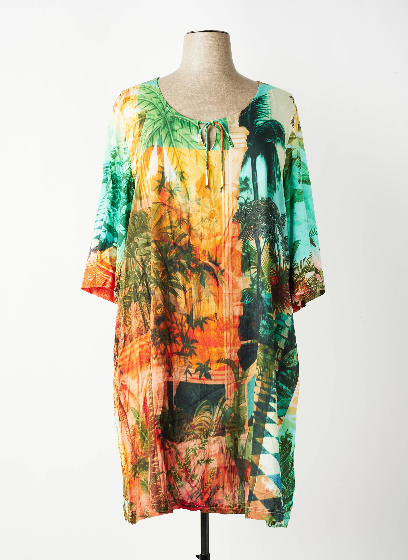 Robe mi-longue manches 3/4 manches 3/4 vert ORIENTIQUE NATURALLY femme